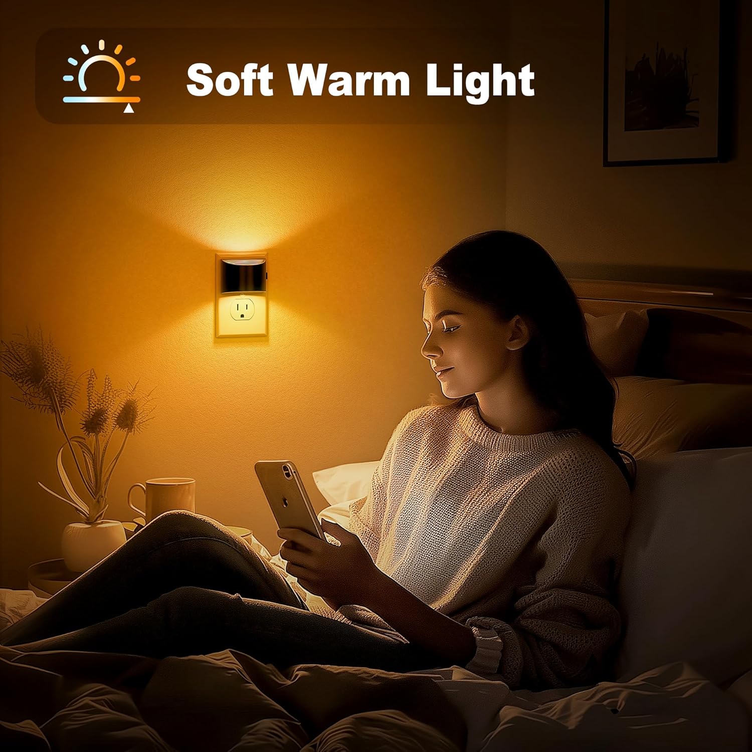 2 Pack JandCase Modern Night Lights with Dusk to Dawn Sensor - Amber Brightness Adjustable Plug-in Nightlight for Kids Bathroom Hallway Kitchen Bedroom Decor