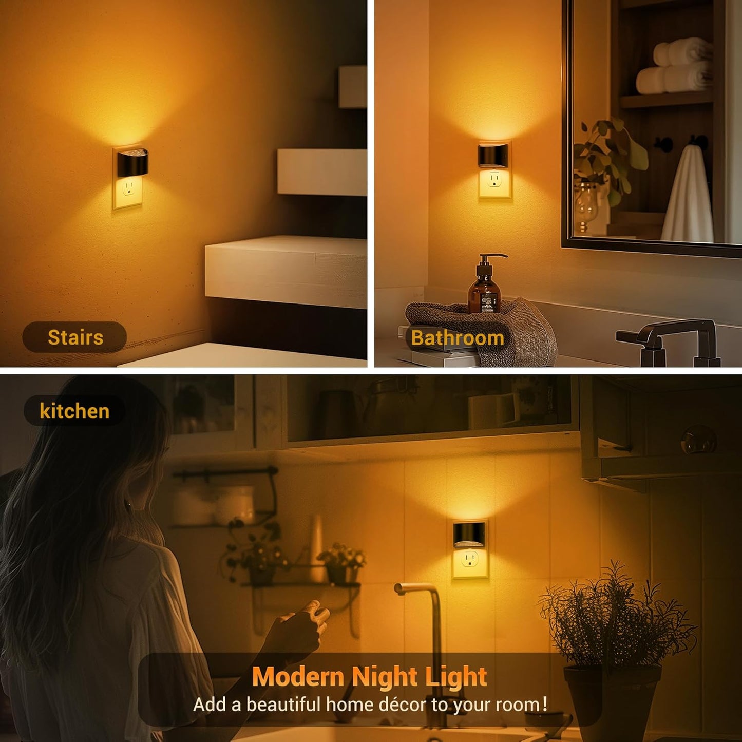 2 Pack JandCase Modern Night Lights with Dusk to Dawn Sensor - Amber Brightness Adjustable Plug-in Nightlight for Kids Bathroom Hallway Kitchen Bedroom Decor