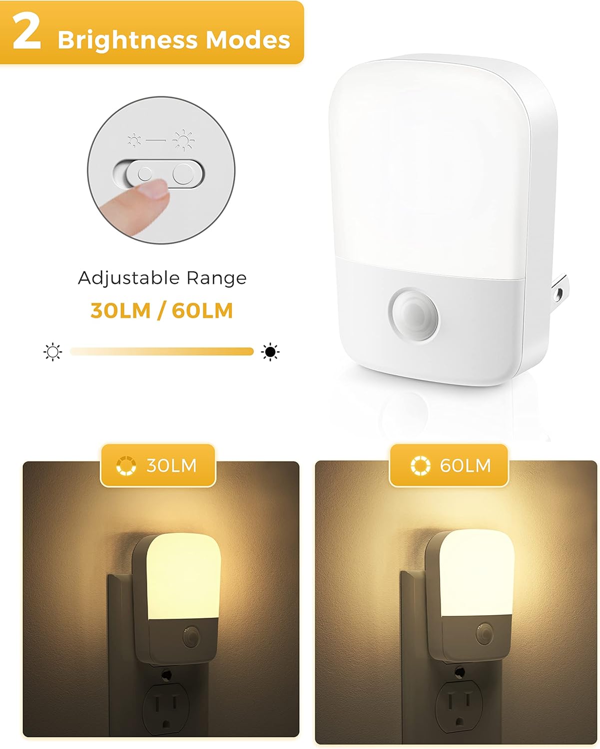 2 Pack L LOHAS LED Night Lights with Dusk to Dawn Sensor - Plug in Wall Night Light for Kids, Bedroom, Hallway - Adjustable Brightness & Warm White Glow