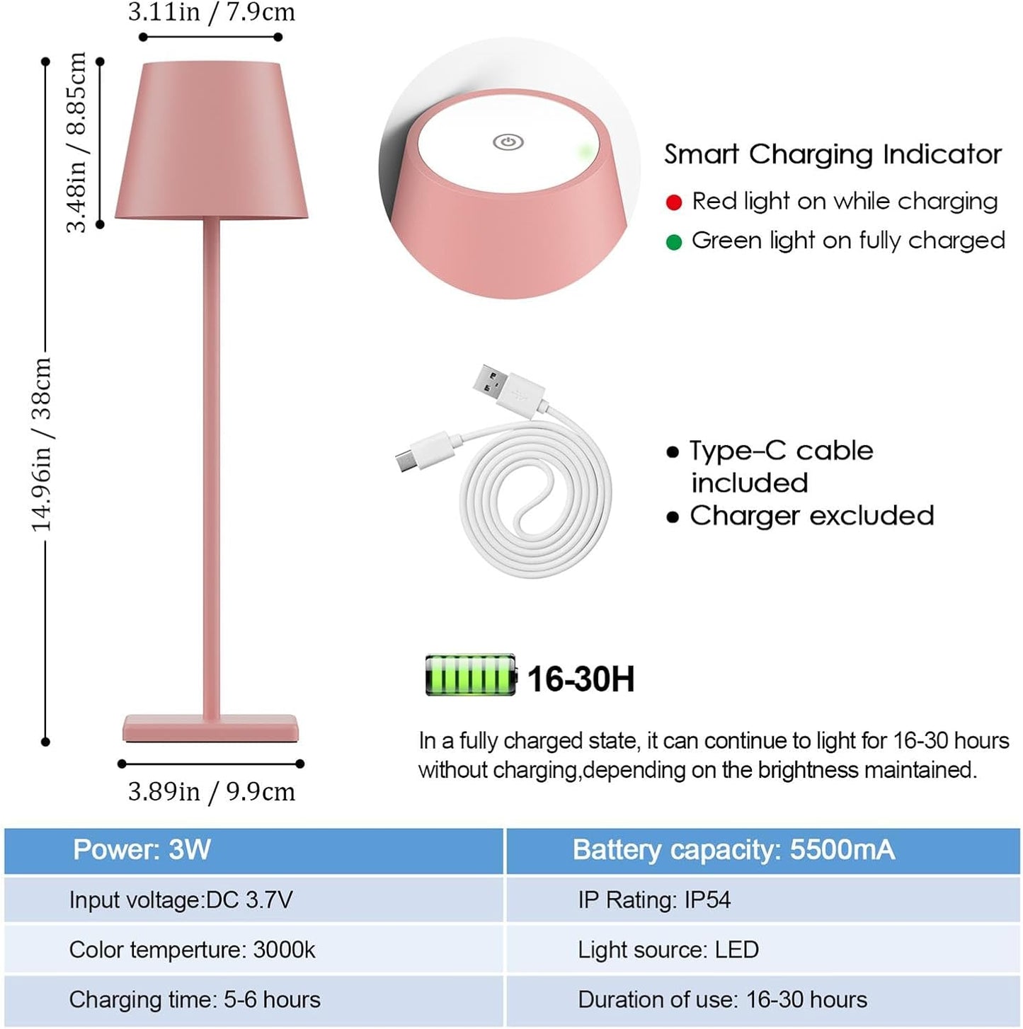 2-Pack LED Cordless Table Lamps, Rechargeable Battery Operated Desk Lamp with Stepless Dimming, Modern Portable Light for Restaurant/Bedroom/Outdoor - IP54 Waterproof (Pink)