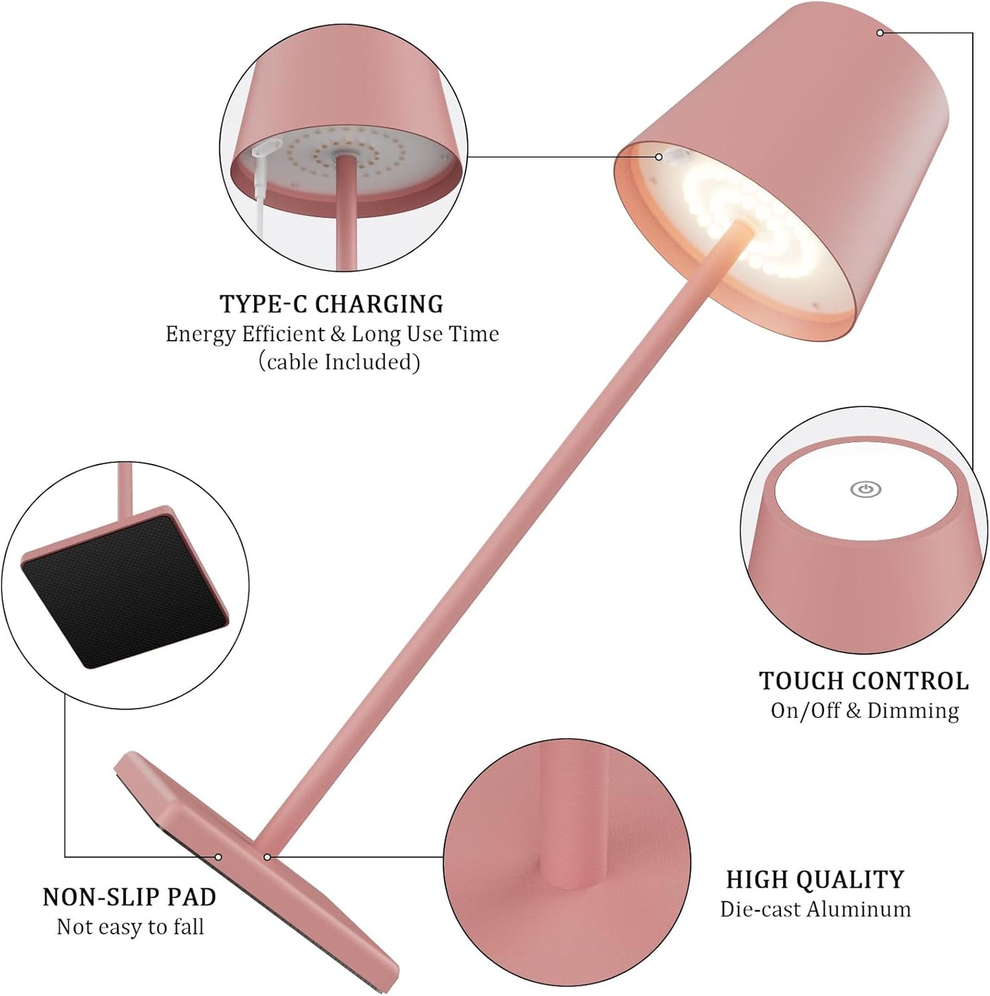 2-Pack LED Cordless Table Lamps, Rechargeable Battery Operated Desk Lamp with Stepless Dimming, Modern Portable Light for Restaurant/Bedroom/Outdoor - IP54 Waterproof (Pink)