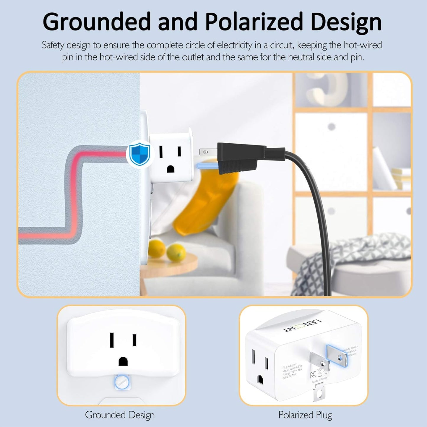 2 Pack LENCENT 3 Prong to 2 Prong Polarized Grounding Adapters - Outlet Converter with 3 AC Outlets