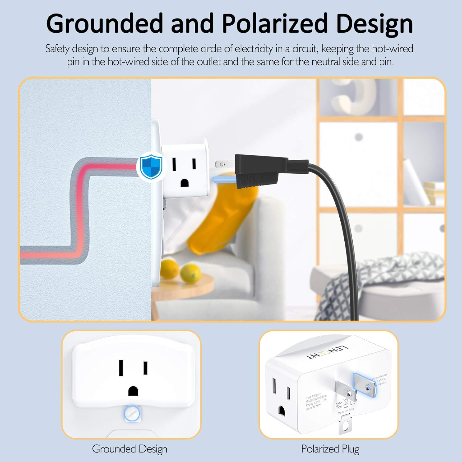 2 Pack LENCENT 3 Prong to 2 Prong Polarized Grounding Adapters - Outlet Converter with 3 AC Outlets