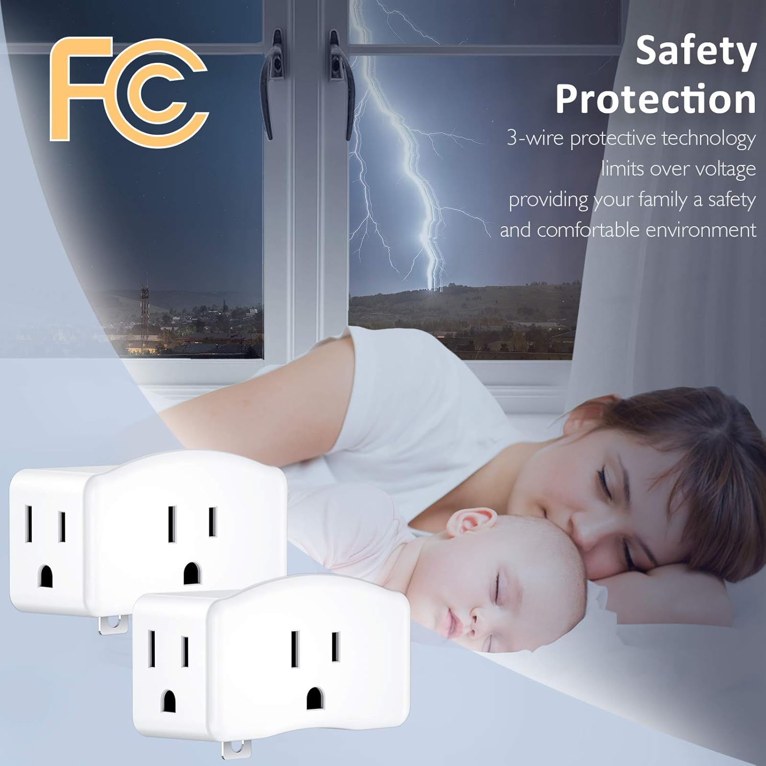 2 Pack LENCENT 3 Prong to 2 Prong Polarized Grounding Adapters - Outlet Converter with 3 AC Outlets