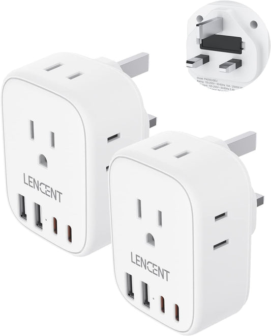 2 Pack LENCENT Grounded Type G Outlet Adaptor with USB Charger for US to UK Ireland Travel - 4 Outlets Converter for Dubai Scotland London Hong Kong