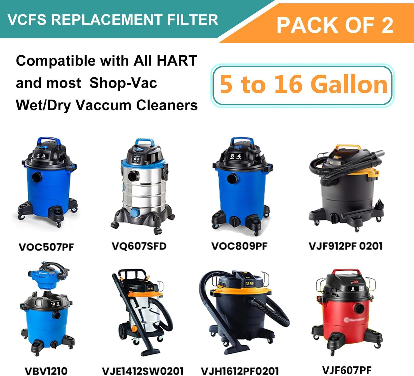2-Pack LHARI Standard Cartridge Filter VCFS Compatible with Vacmaster & Hart Wet/Dry Vacs