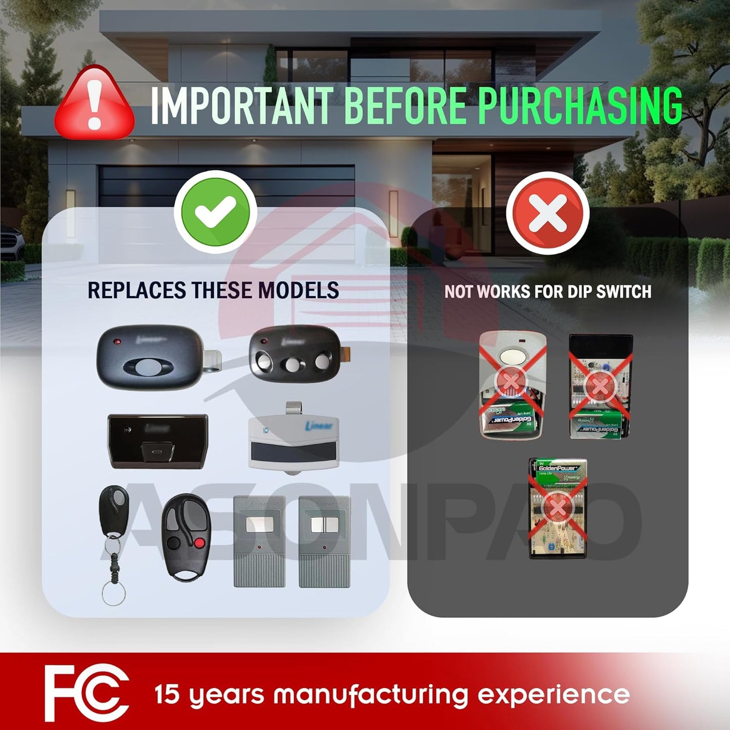 2-Pack Linear Garage Door Opener Remote Megacode 318MHz - ASONPAO ACT-31B ACP00879 MCT-1 DNT00083 LD033 LD050 LS050 - Long Range, 3-Year Warranty, Lithium Battery