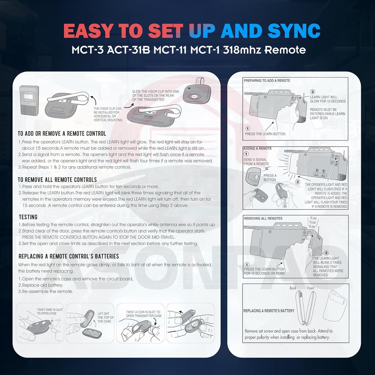 2-Pack Linear Garage Door Opener Remote Megacode 318MHz - ASONPAO ACT-31B ACP00879 MCT-1 DNT00083 LD033 LD050 LS050 - Long Range, 3-Year Warranty, Lithium Battery