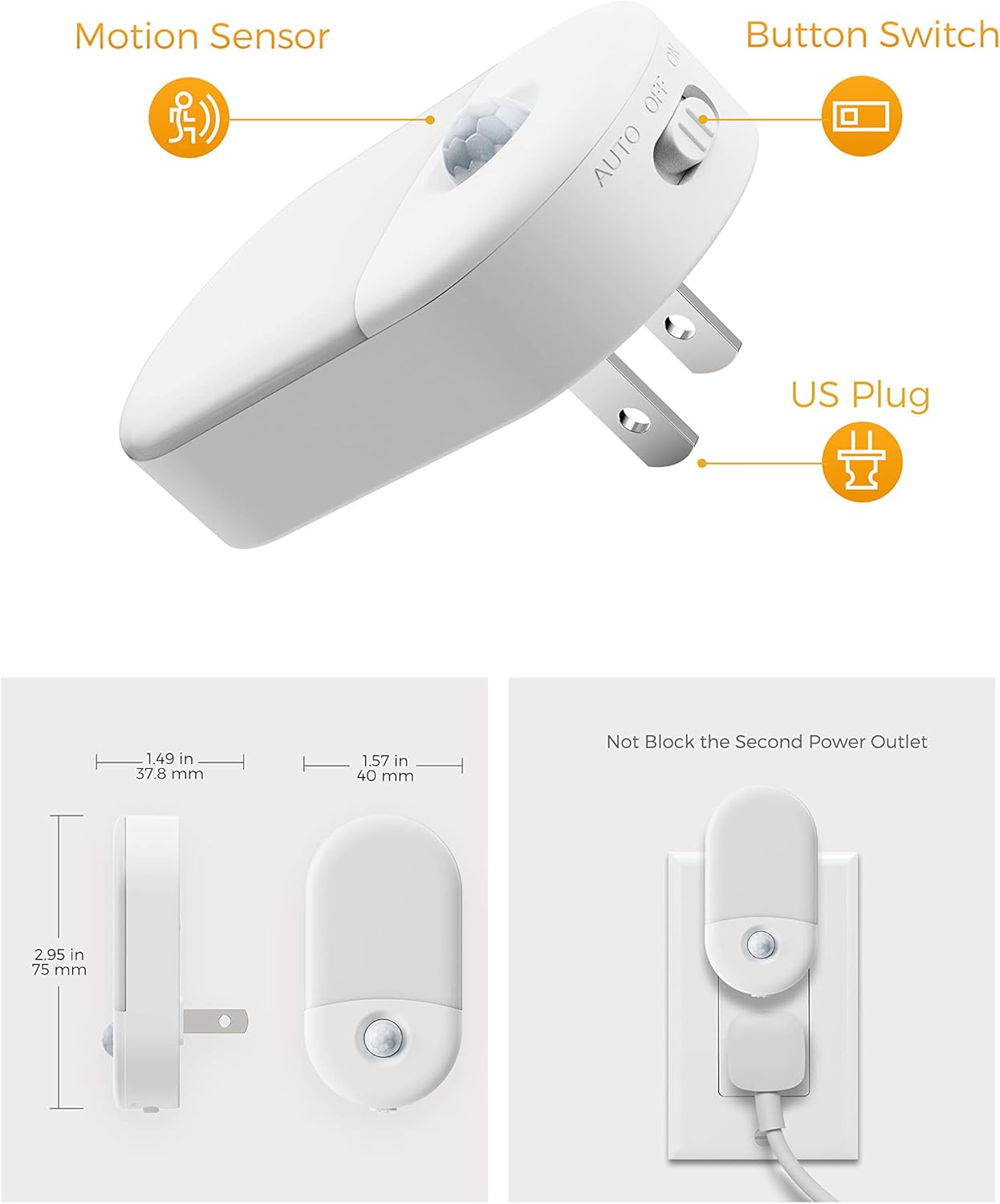 2 Pack LOHAS Amber Night Lights with Motion Sensor - Plug-in LED Night Light for Kids, Bathroom, Hallway - Adjustable Brightness - Automatic Low Blue Light - Energy Efficient - 0.6W 2000K