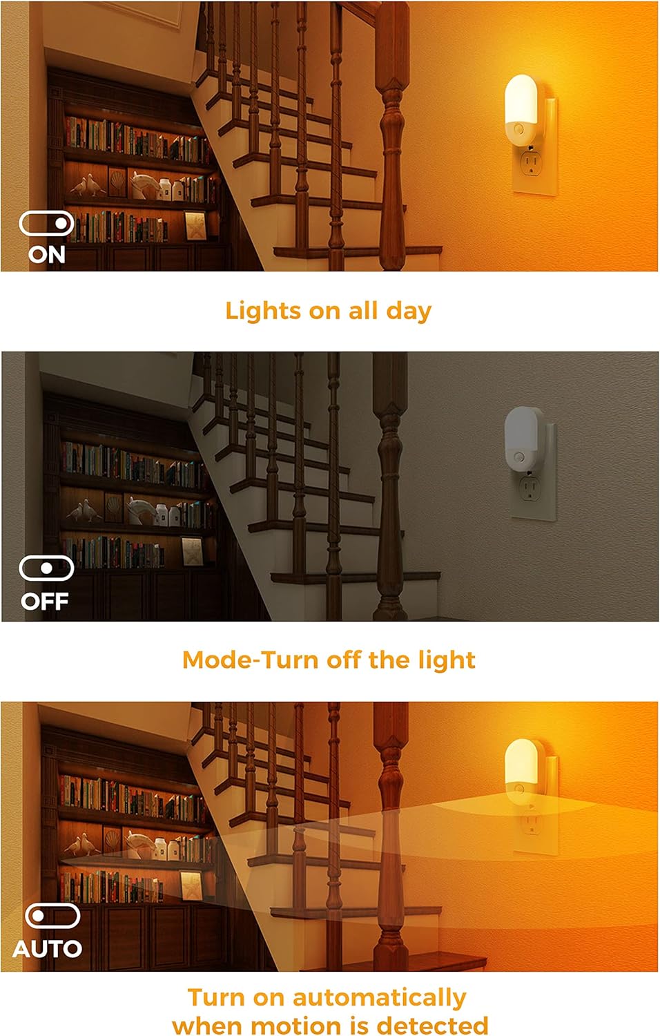 2 Pack LOHAS Amber Night Lights with Motion Sensor - Plug-in LED Night Light for Kids, Bathroom, Hallway - Adjustable Brightness - Automatic Low Blue Light - Energy Efficient - 0.6W 2000K