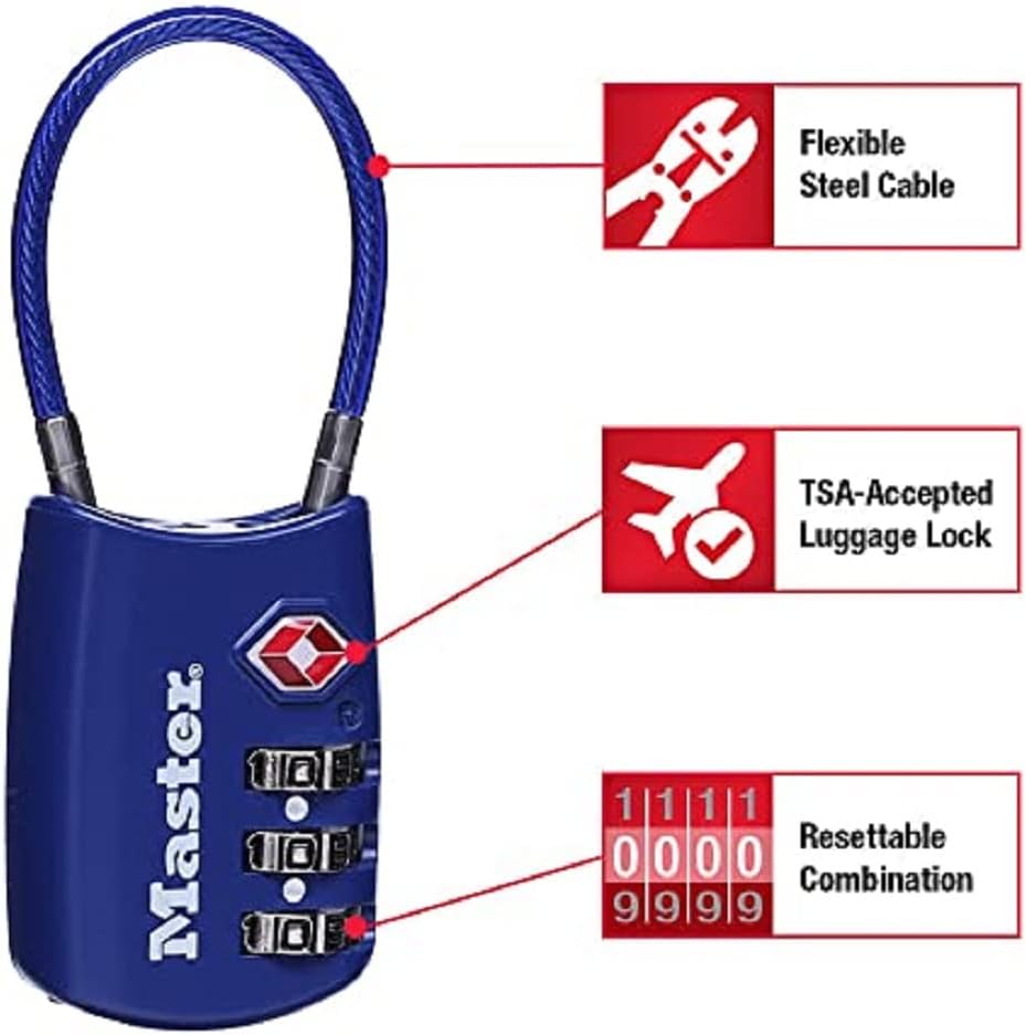 2 Pack Master Lock TSA Approved Luggage Locks with Cable Shackle - Set Your Own Combination, 1-3/16" Wide, Colors Vary - WildKart