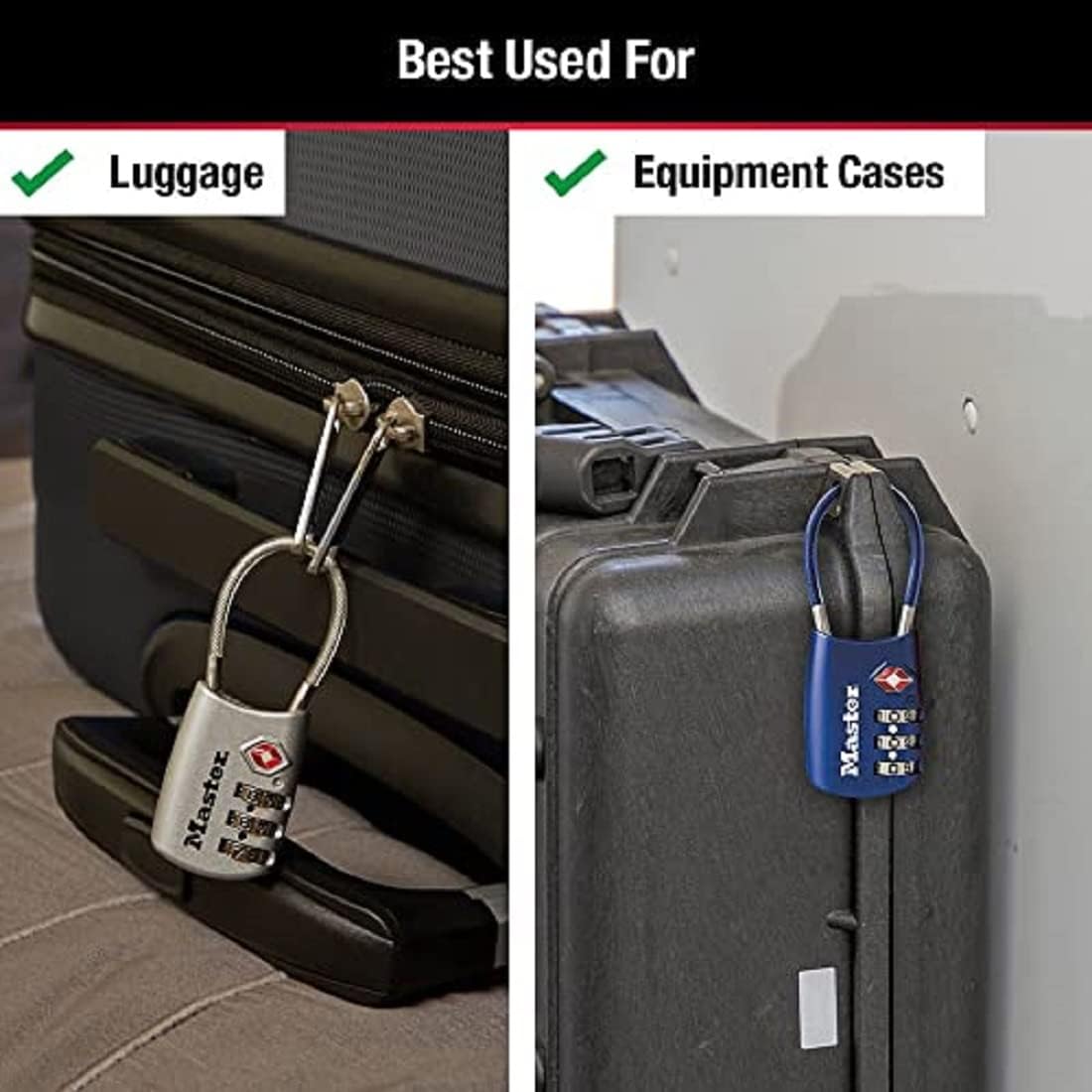 2 Pack Master Lock TSA Approved Luggage Locks with Cable Shackle - Set Your Own Combination, 1-3/16" Wide, Colors Vary - WildKart