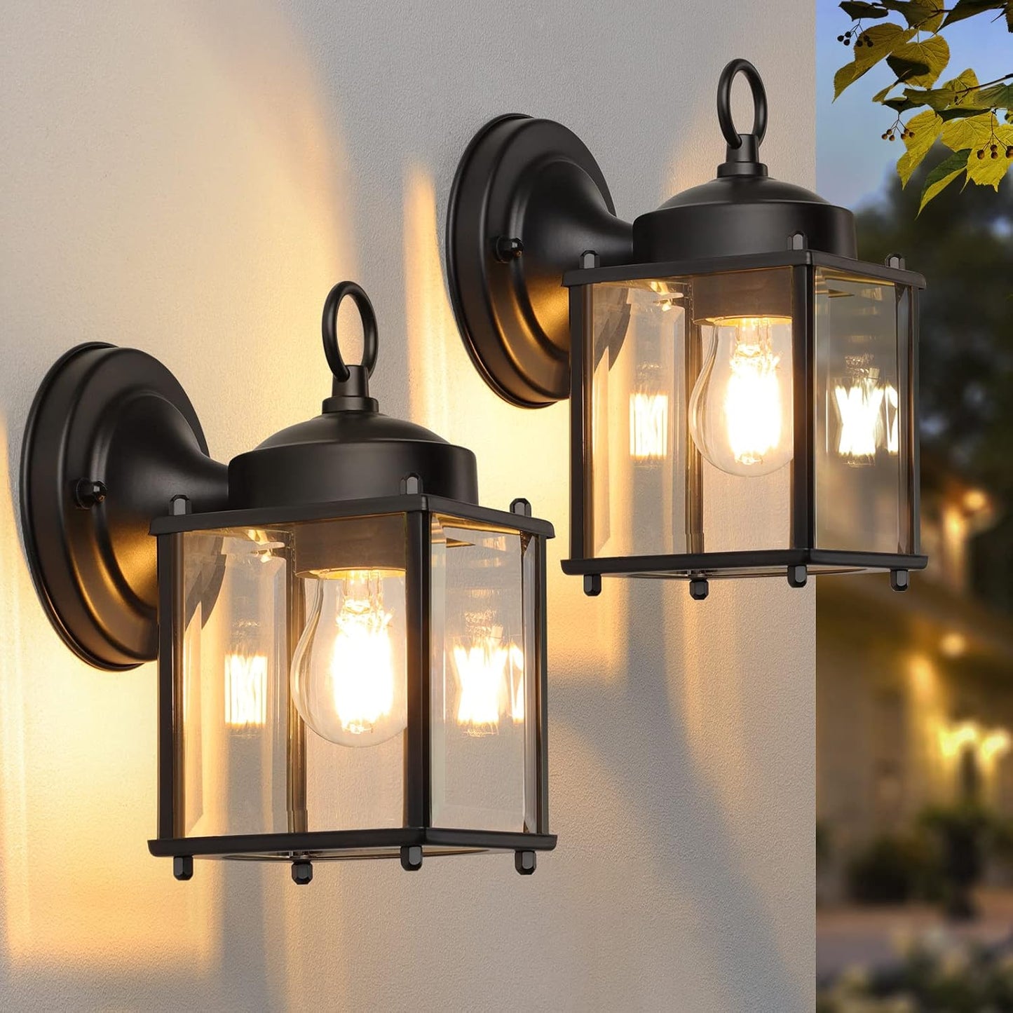 2-Pack MATAMEYE Outdoor Black Wall Lanterns with Clear Beveled Glass Shade - Waterproof Exterior Sconce Light Fixtures for Front Door
