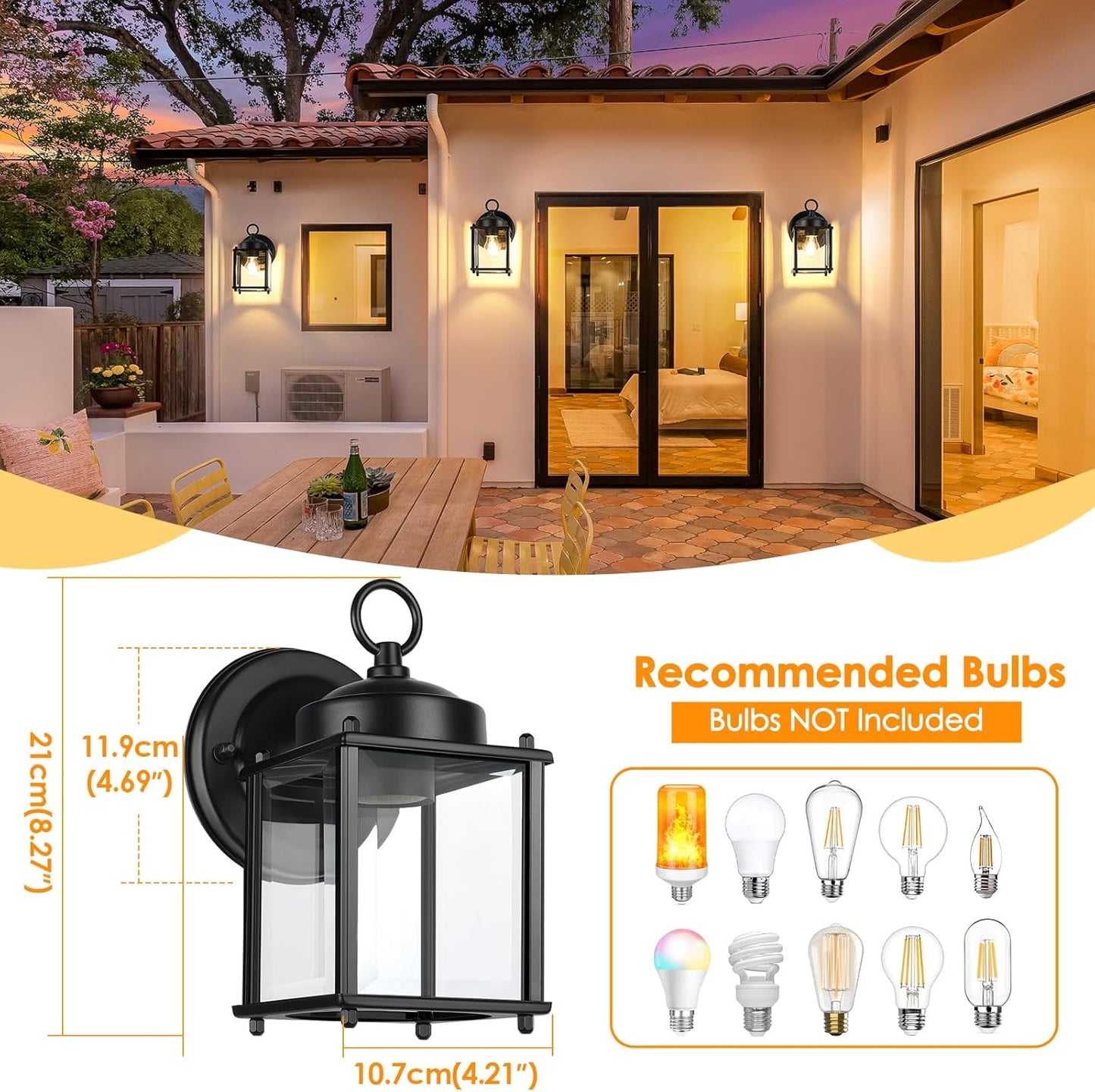 2-Pack MATAMEYE Outdoor Black Wall Lanterns with Clear Beveled Glass Shade - Waterproof Exterior Sconce Light Fixtures for Front Door