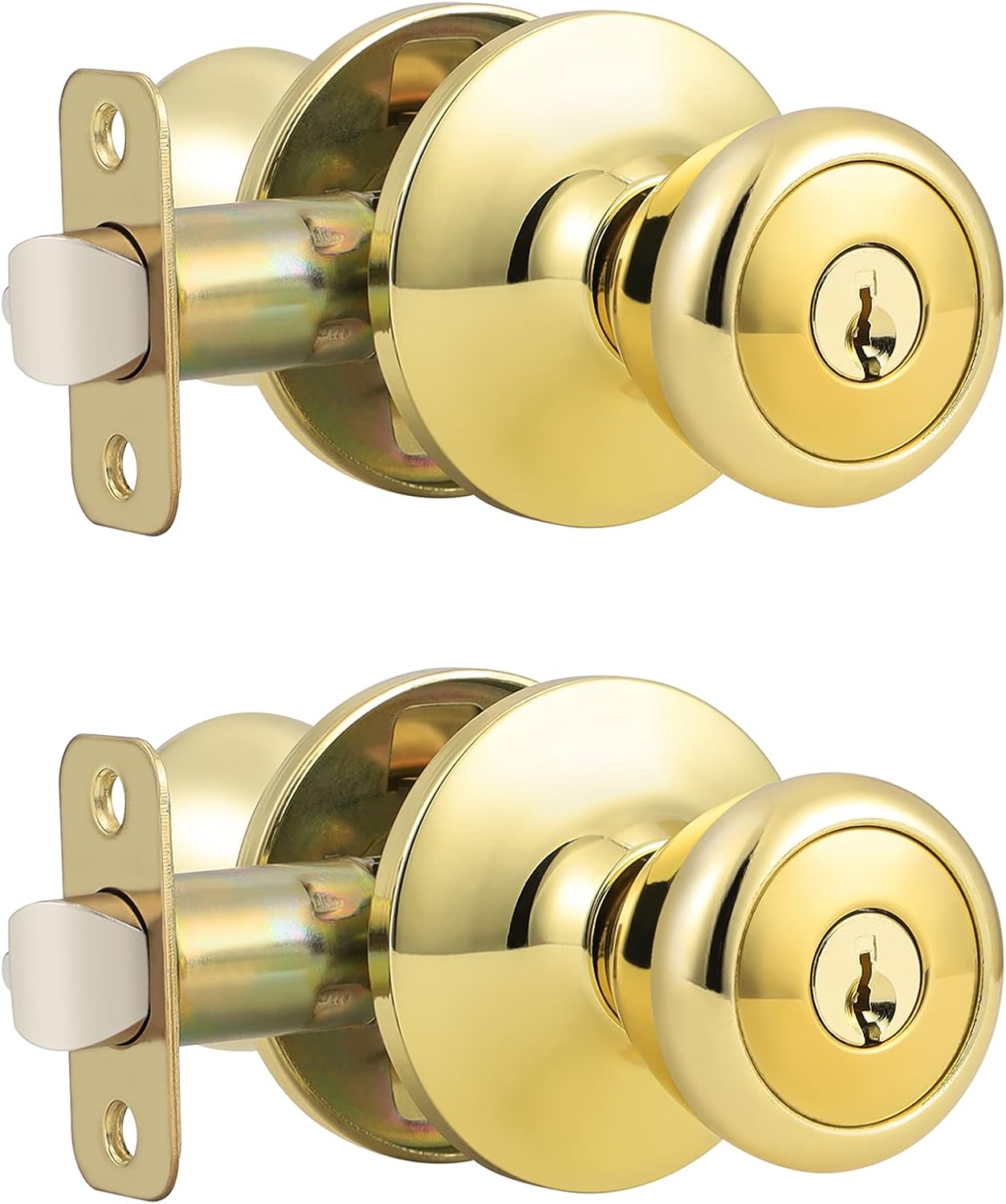 2-Pack Matching Keyed Alike Tulip Entry Door Knobs in Polished Brass - Exterior Lock and Key Set