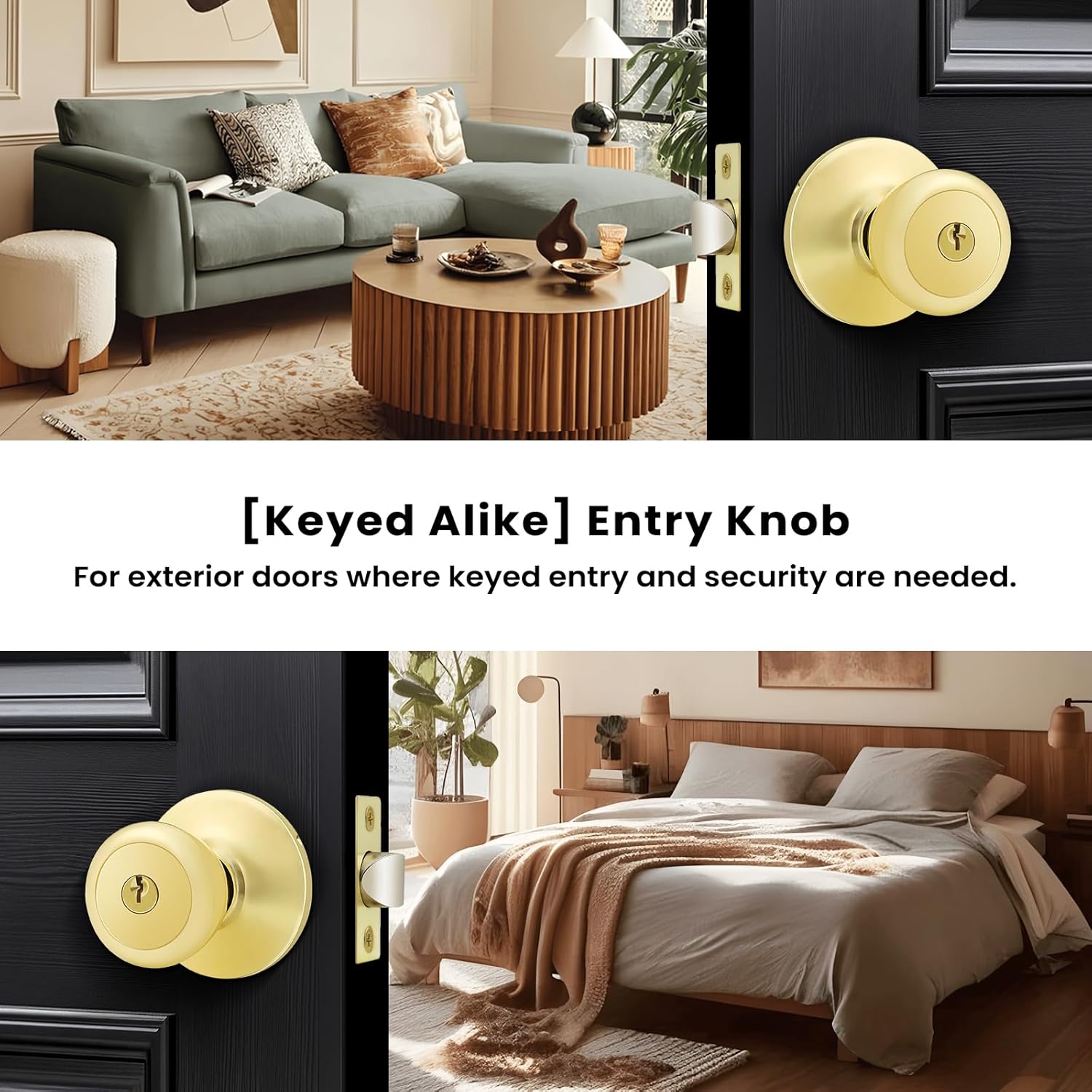 2-Pack Matching Keyed Alike Tulip Entry Door Knobs in Polished Brass - Exterior Lock and Key Set