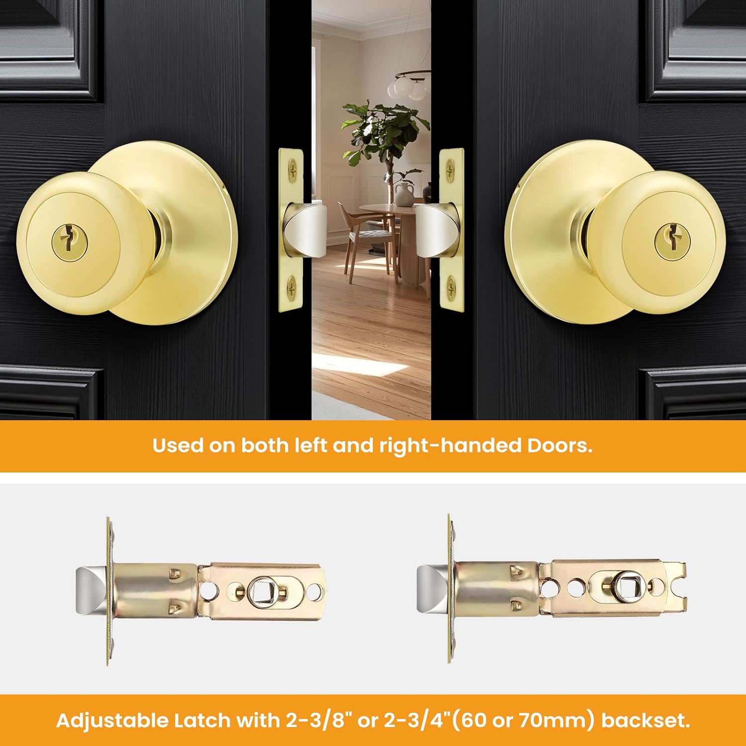 2-Pack Matching Keyed Alike Tulip Entry Door Knobs in Polished Brass - Exterior Lock and Key Set