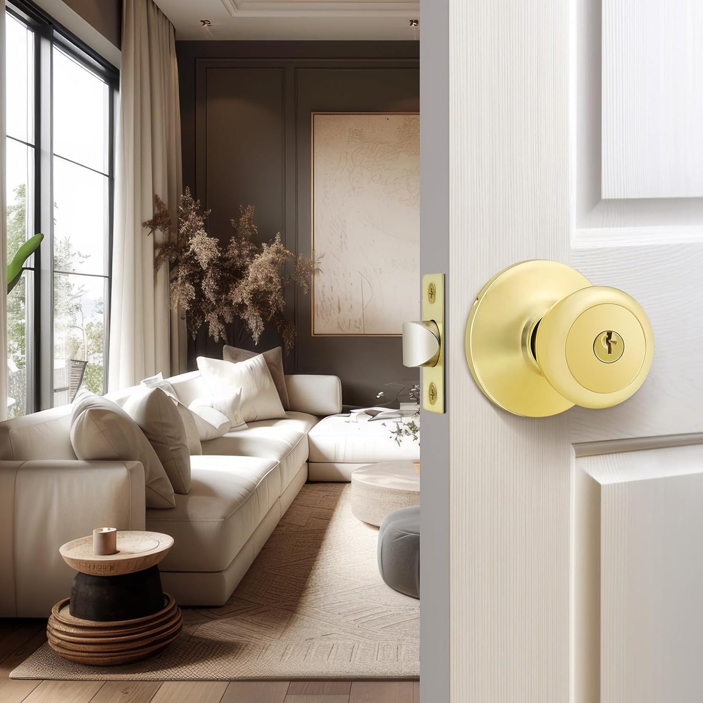 2-Pack Matching Keyed Alike Tulip Entry Door Knobs in Polished Brass - Exterior Lock and Key Set