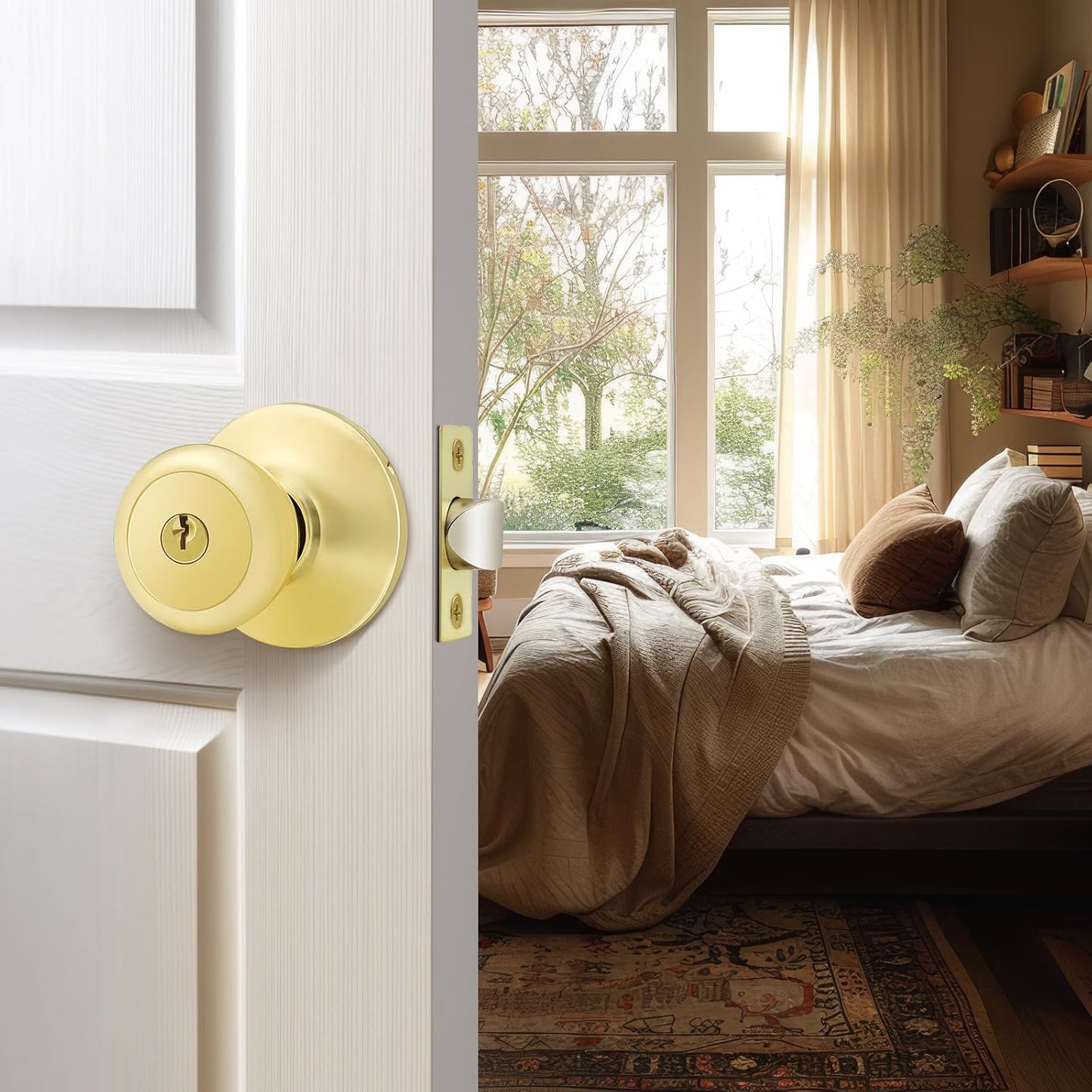 2-Pack Matching Keyed Alike Tulip Entry Door Knobs in Polished Brass - Exterior Lock and Key Set