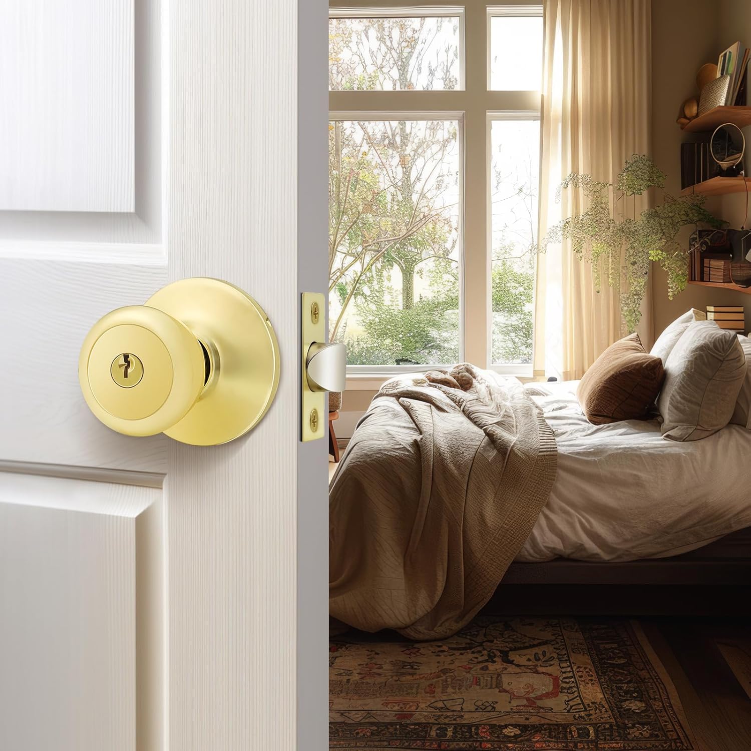 2-Pack Matching Keyed Alike Tulip Entry Door Knobs in Polished Brass - Exterior Lock and Key Set