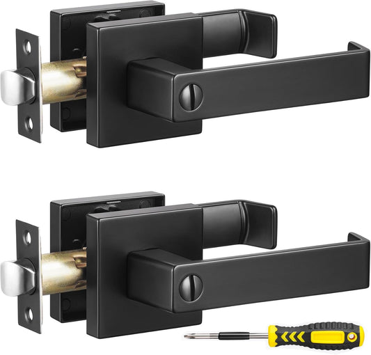 2 Pack Matte Black Privacy Door Levers for Bathroom or Bedroom - Heavy Duty Interior Door Handle with Adjustable Latch - Keyless Lever Lock - Set of 2