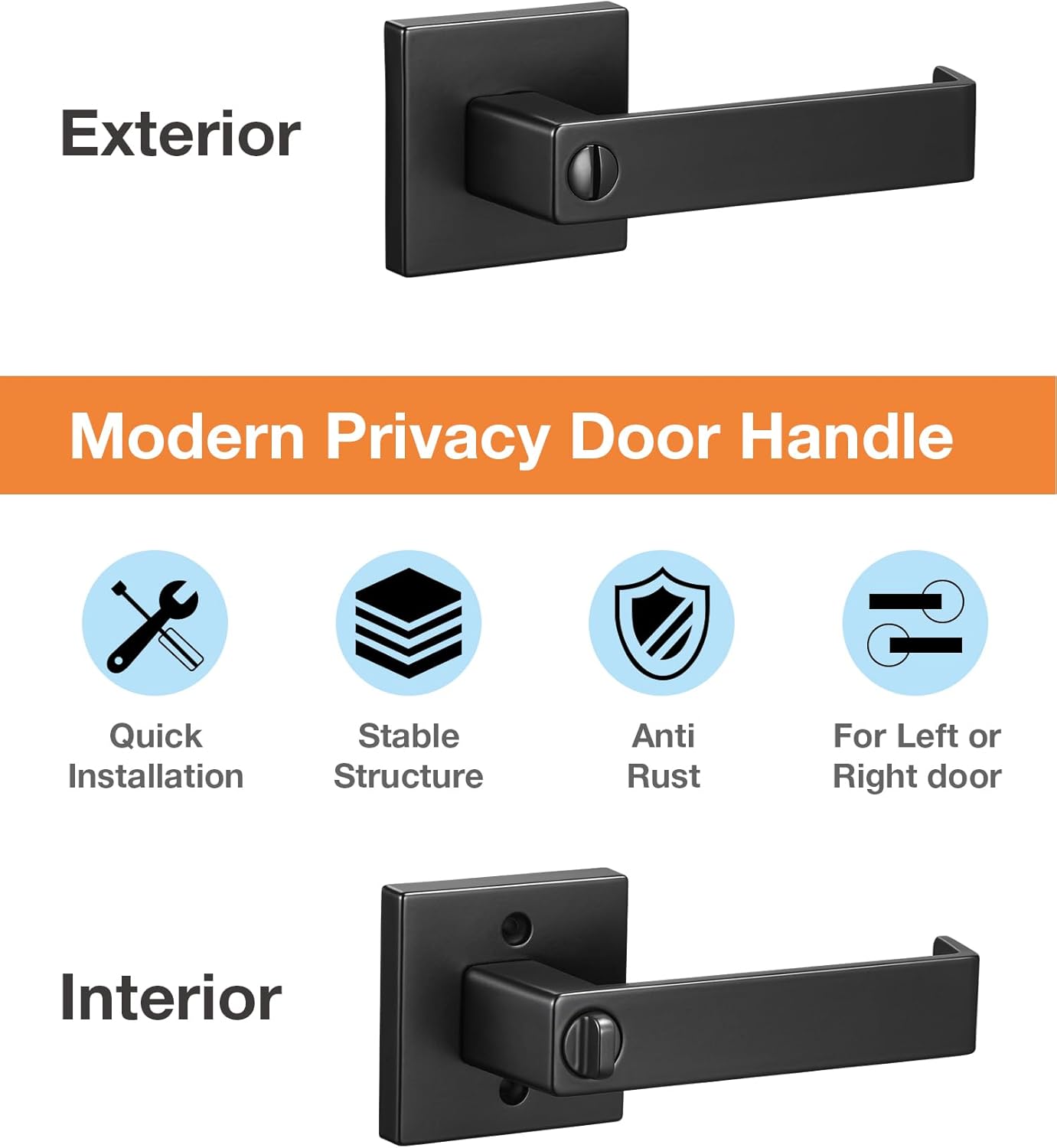 2 Pack Matte Black Privacy Door Levers for Bathroom or Bedroom - Heavy Duty Interior Door Handle with Adjustable Latch - Keyless Lever Lock - Set of 2