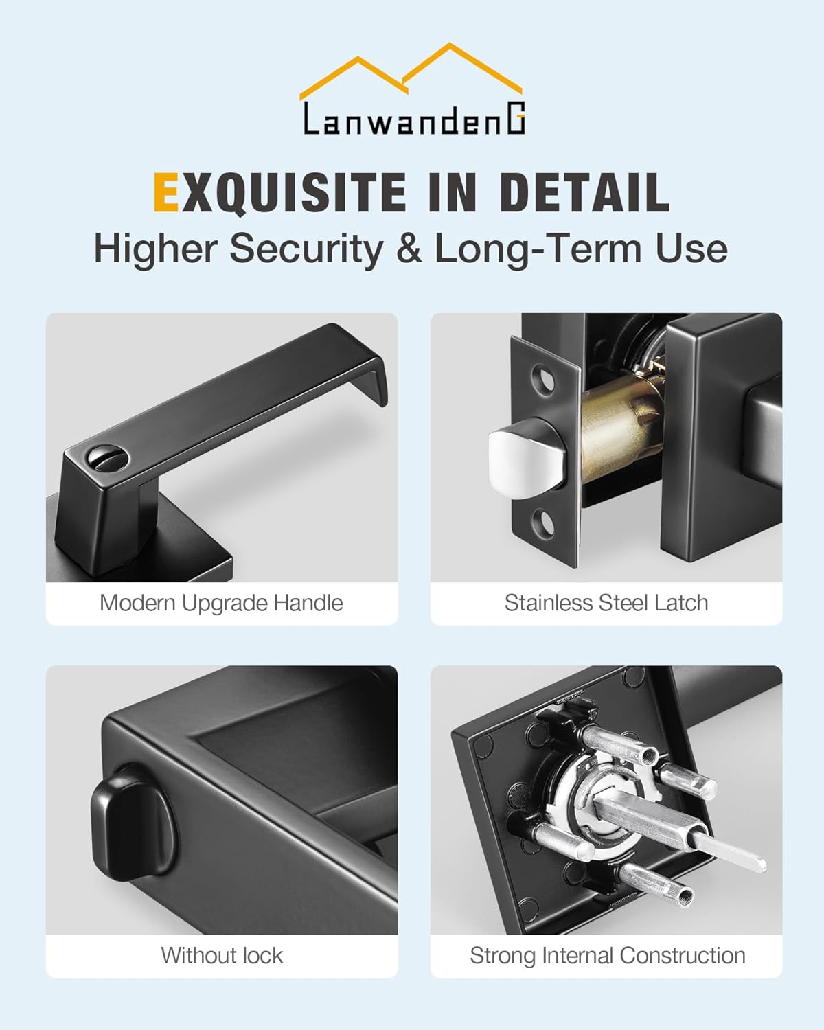 2 Pack Matte Black Privacy Door Levers for Bathroom or Bedroom - Heavy Duty Interior Door Handle with Adjustable Latch - Keyless Lever Lock - Set of 2