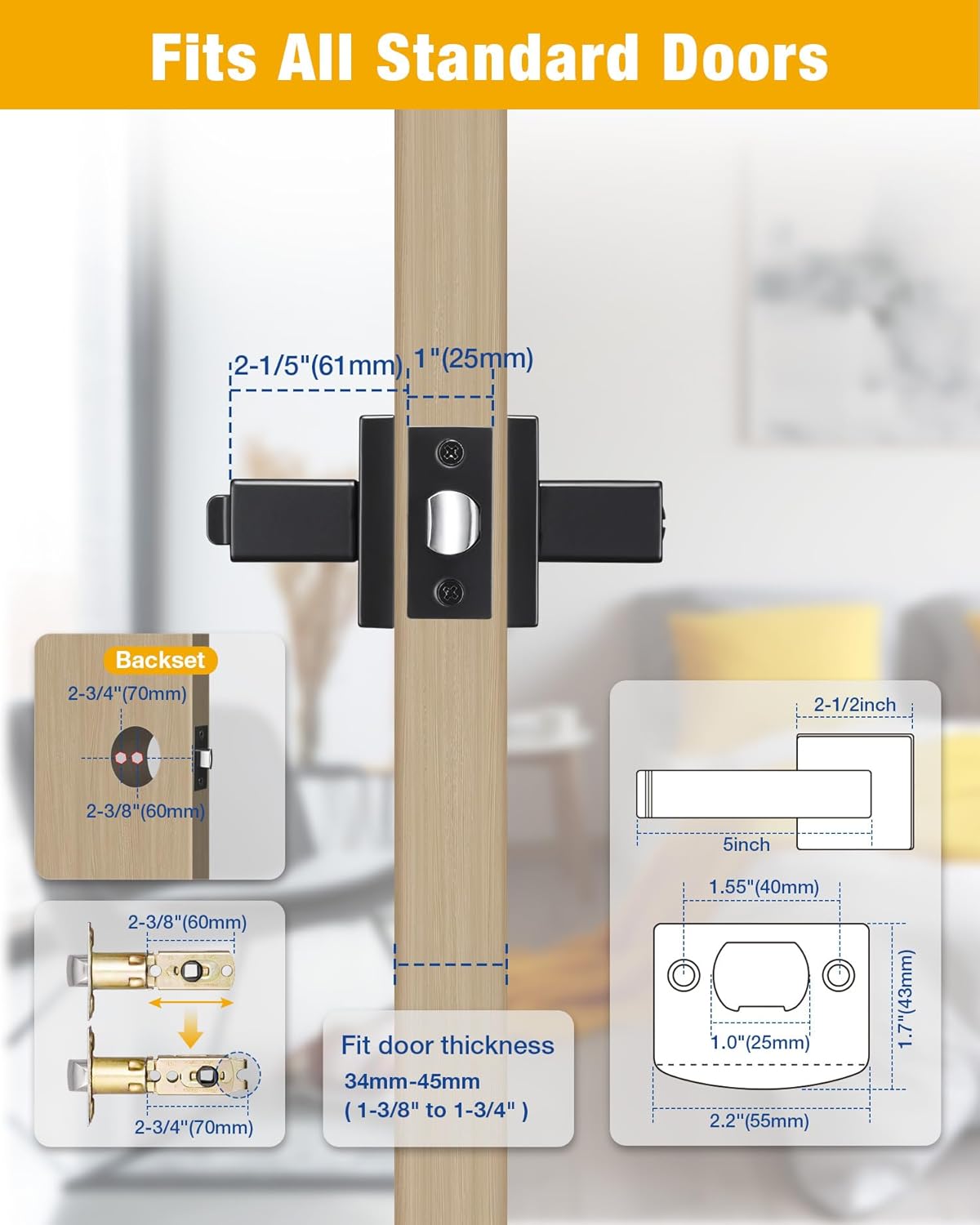 2 Pack Matte Black Privacy Door Levers for Bathroom or Bedroom - Heavy Duty Interior Door Handle with Adjustable Latch - Keyless Lever Lock - Set of 2