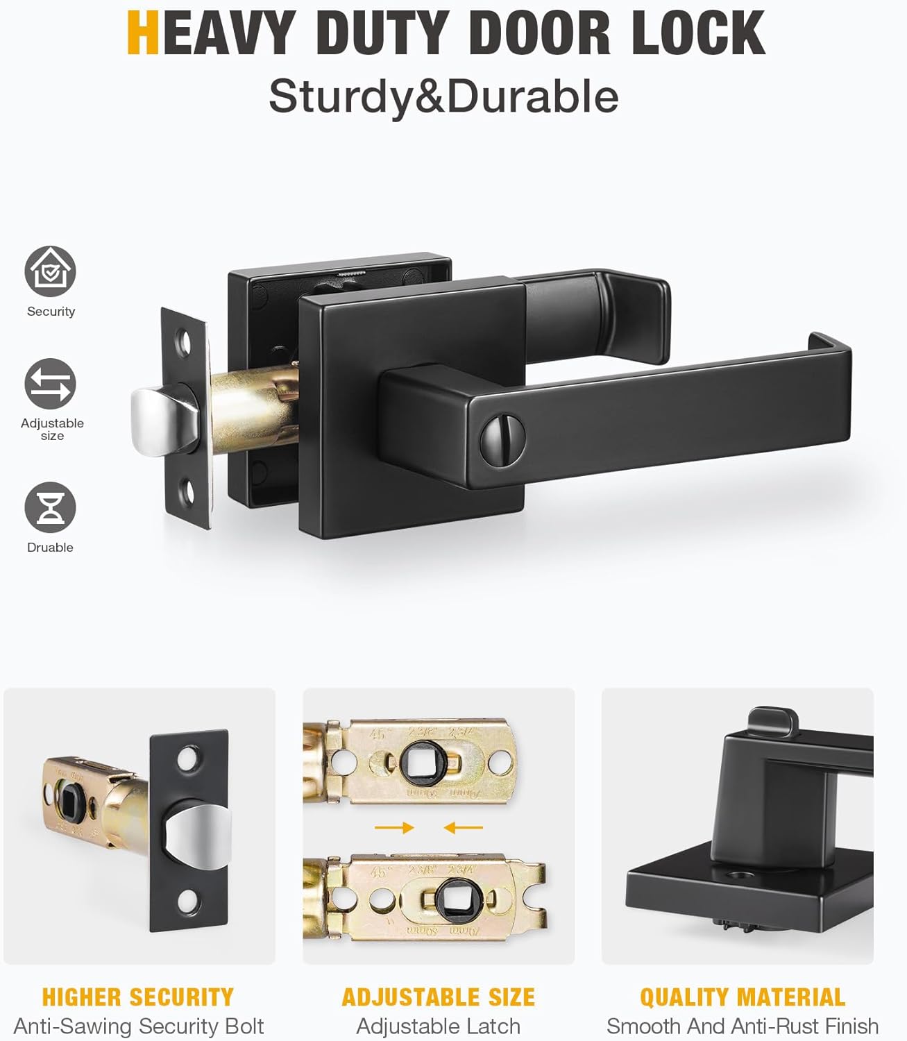 2 Pack Matte Black Privacy Door Levers for Bathroom or Bedroom - Heavy Duty Interior Door Handle with Adjustable Latch - Keyless Lever Lock - Set of 2