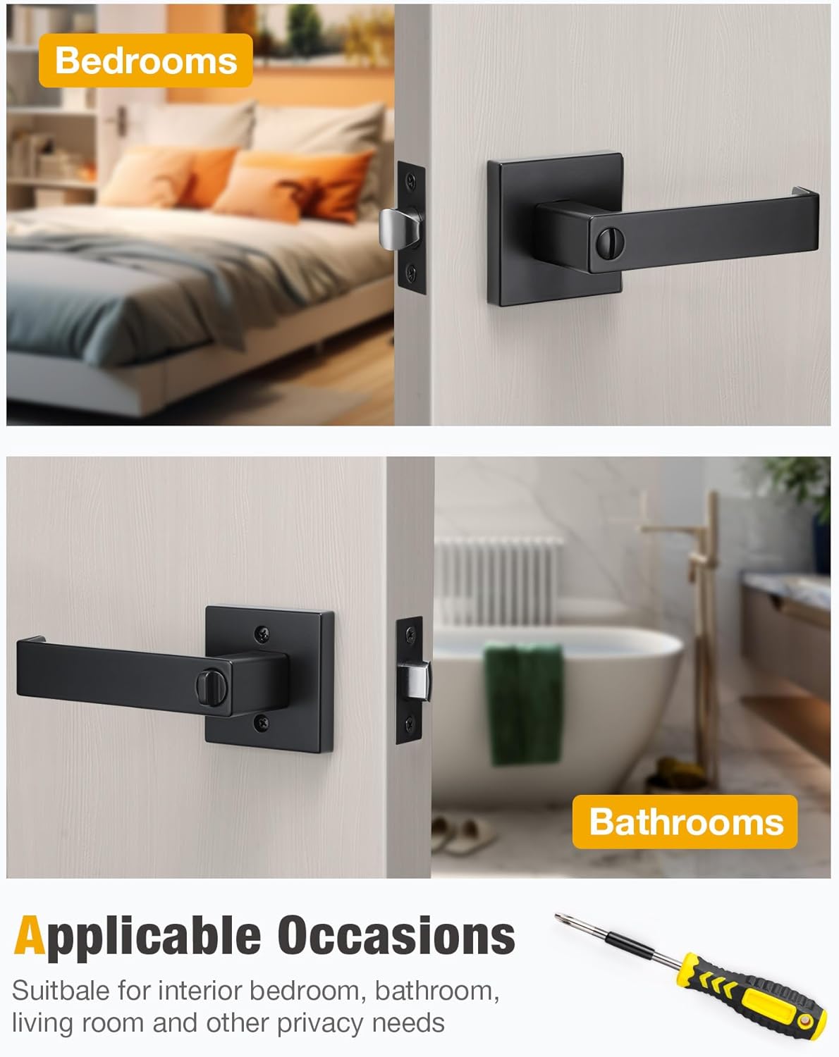 2 Pack Matte Black Privacy Door Levers for Bathroom or Bedroom - Heavy Duty Interior Door Handle with Adjustable Latch - Keyless Lever Lock - Set of 2