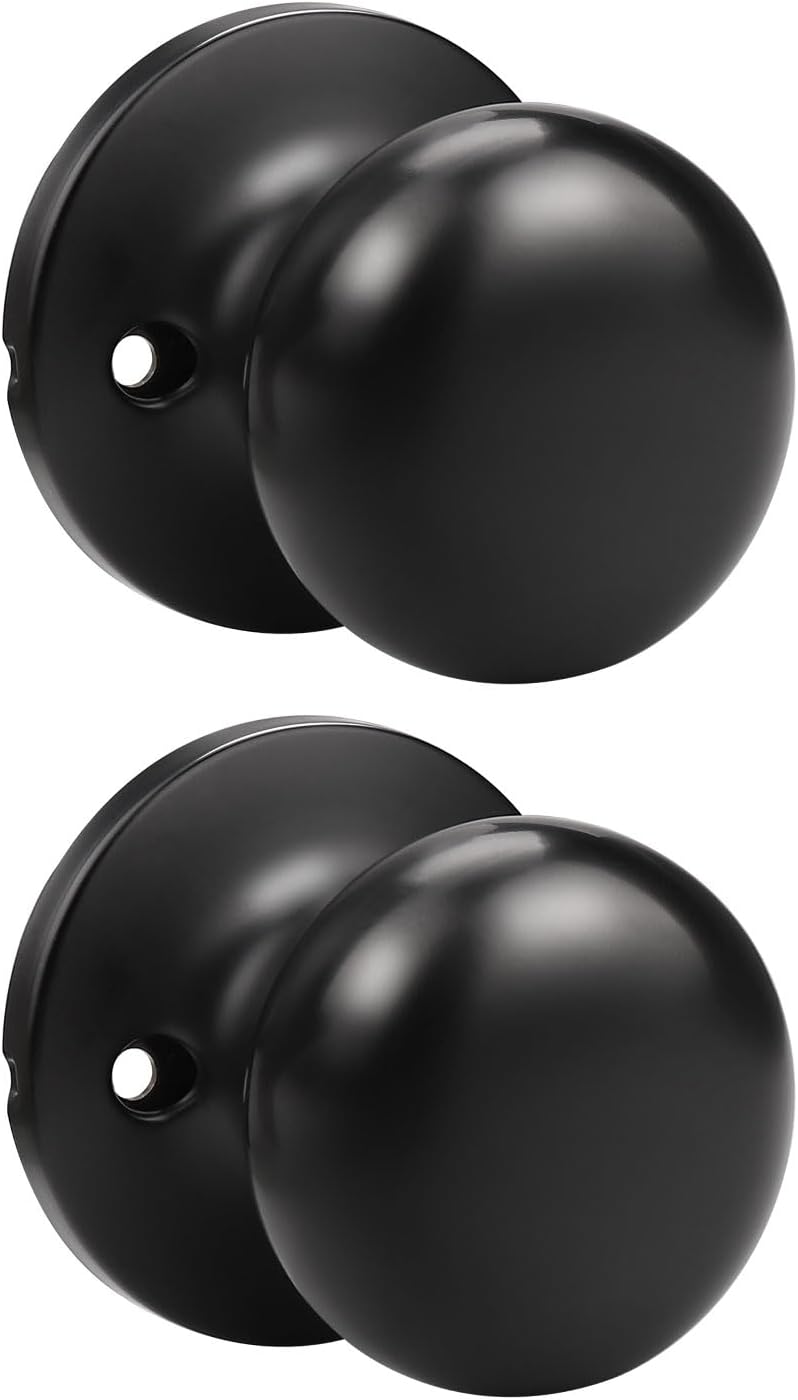 2 Pack Matte Black Single Dummy Door Knobs for French Doors - Round Stainless Steel Interior Door Pulls