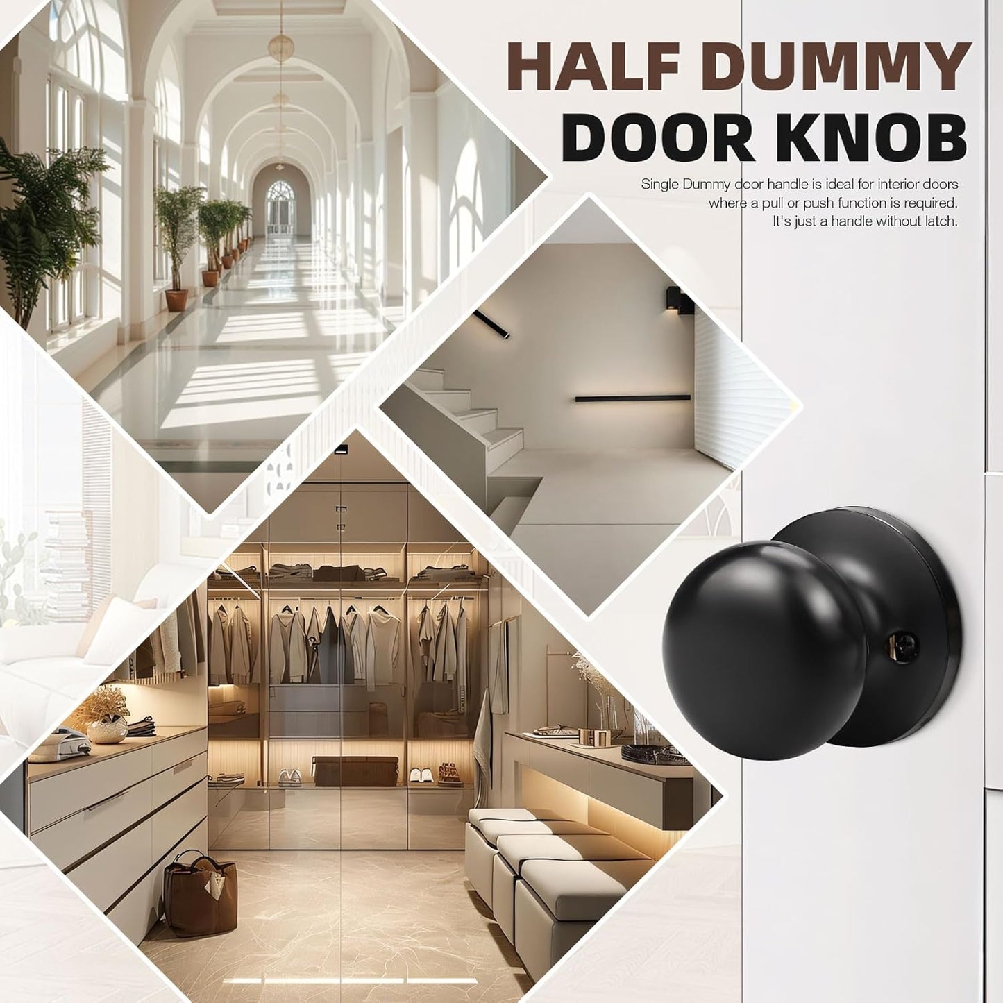 2 Pack Matte Black Single Dummy Door Knobs for French Doors - Round Stainless Steel Interior Door Pulls