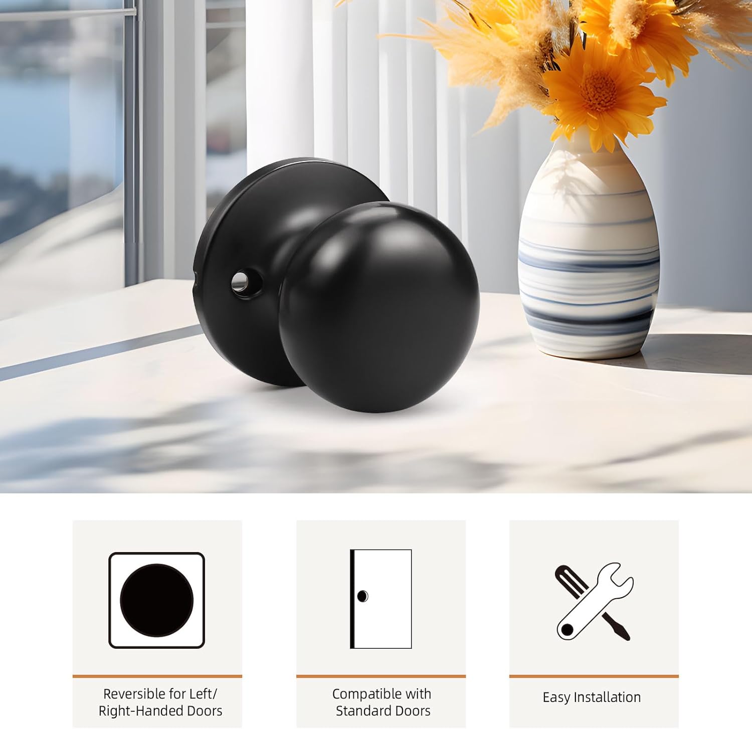 2 Pack Matte Black Single Dummy Door Knobs for French Doors - Round Stainless Steel Interior Door Pulls