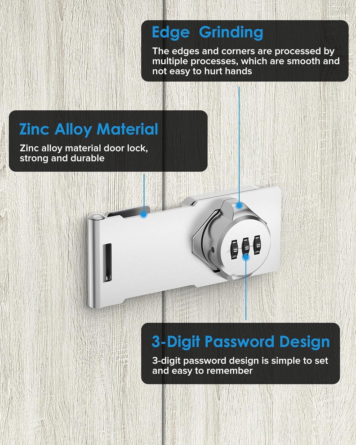 2-Pack Mbotnee Cabinet Password Hasp Locks - Barn Door, Office File, Household Security Combination Latch - Locker, Fence, Bathroom, Outdoor, Mailbox, Garden - Silver