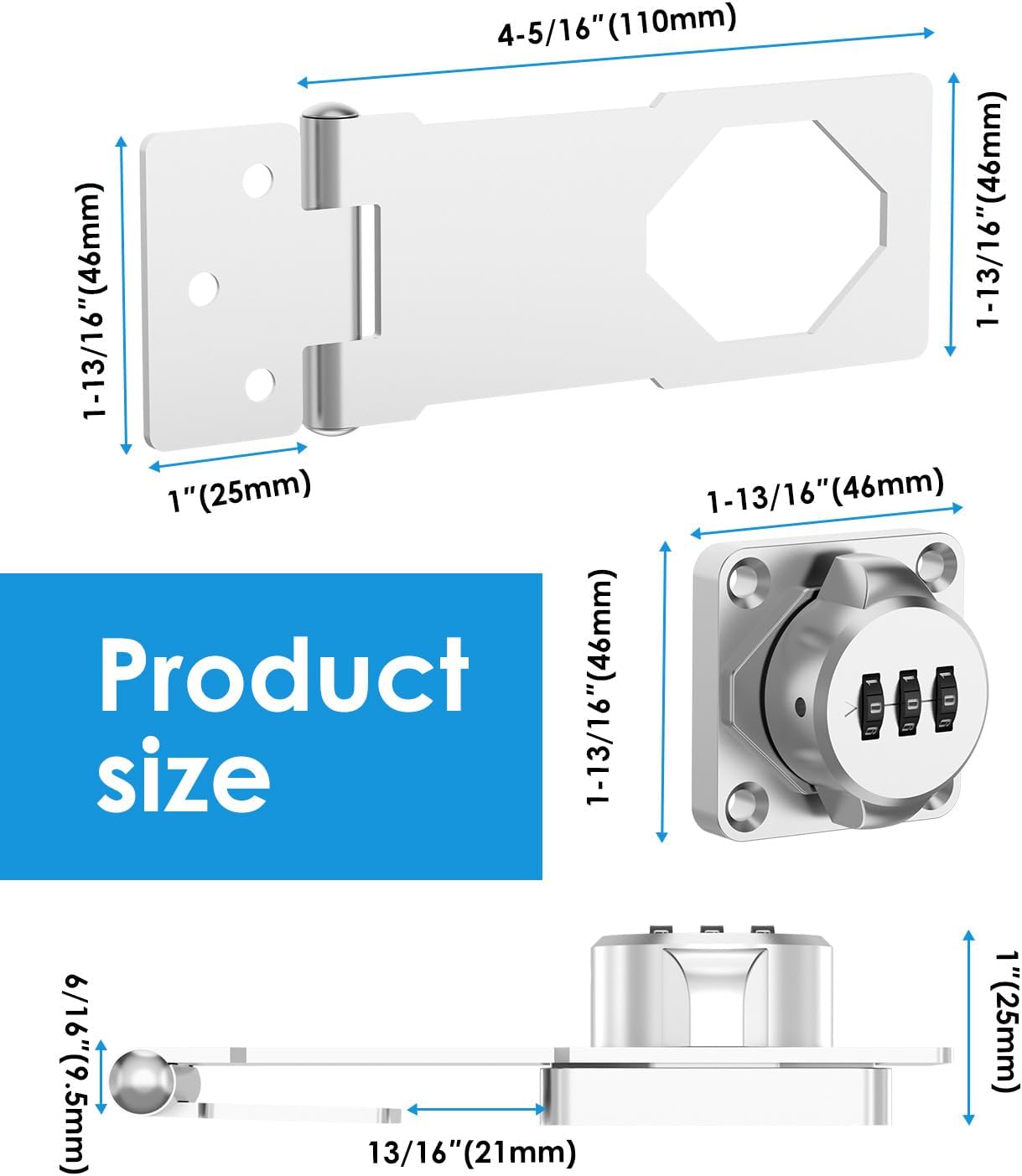 2-Pack Mbotnee Cabinet Password Hasp Locks - Barn Door, Office File, Household Security Combination Latch - Locker, Fence, Bathroom, Outdoor, Mailbox, Garden - Silver
