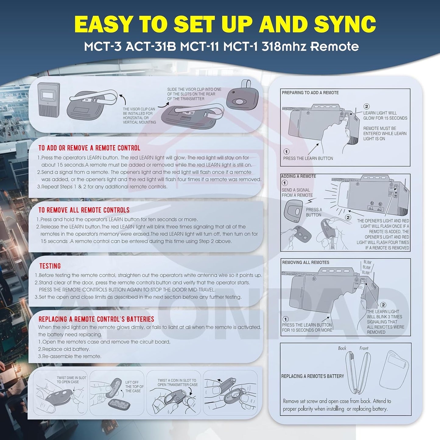 2-Pack MCT-1 DNT00083 Linear Garage Door Opener Remote with 3-Year Warranty