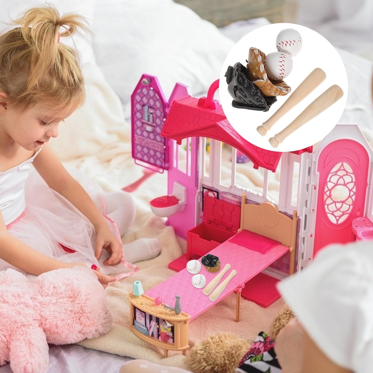 2 Pack Mini Baseball Set Dollhouse Sports Bat and Glove DIY Game Accessories - White Wooden Unisex 1:12 Scale Sport Miniature Toy