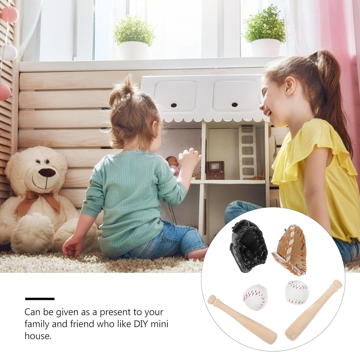 2 Pack Mini Baseball Set Dollhouse Sports Bat and Glove DIY Game Accessories - White Wooden Unisex 1:12 Scale Sport Miniature Toy