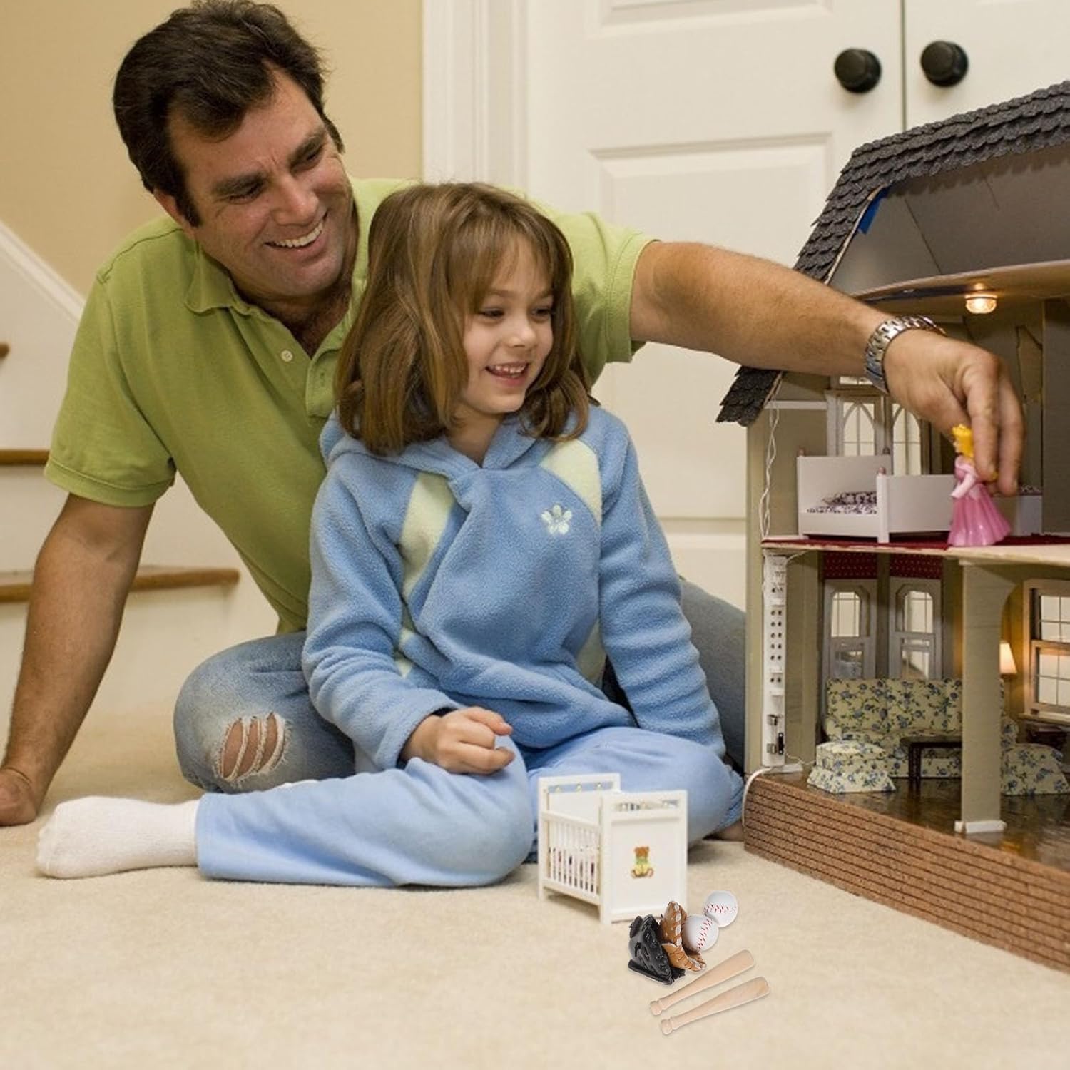 2 Pack Mini Baseball Set Dollhouse Sports Bat and Glove DIY Game Accessories - White Wooden Unisex 1:12 Scale Sport Miniature Toy