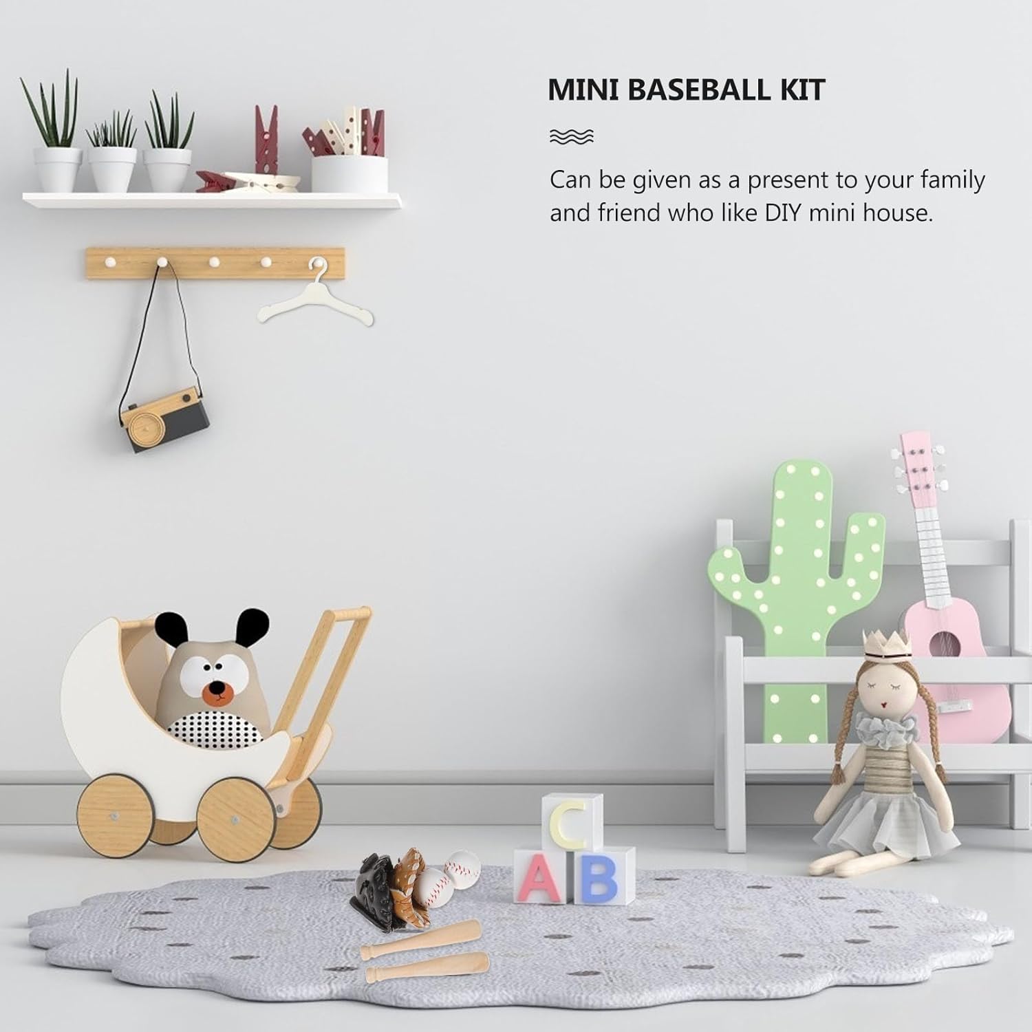 2 Pack Mini Baseball Set Dollhouse Sports Bat and Glove DIY Game Accessories - White Wooden Unisex 1:12 Scale Sport Miniature Toy