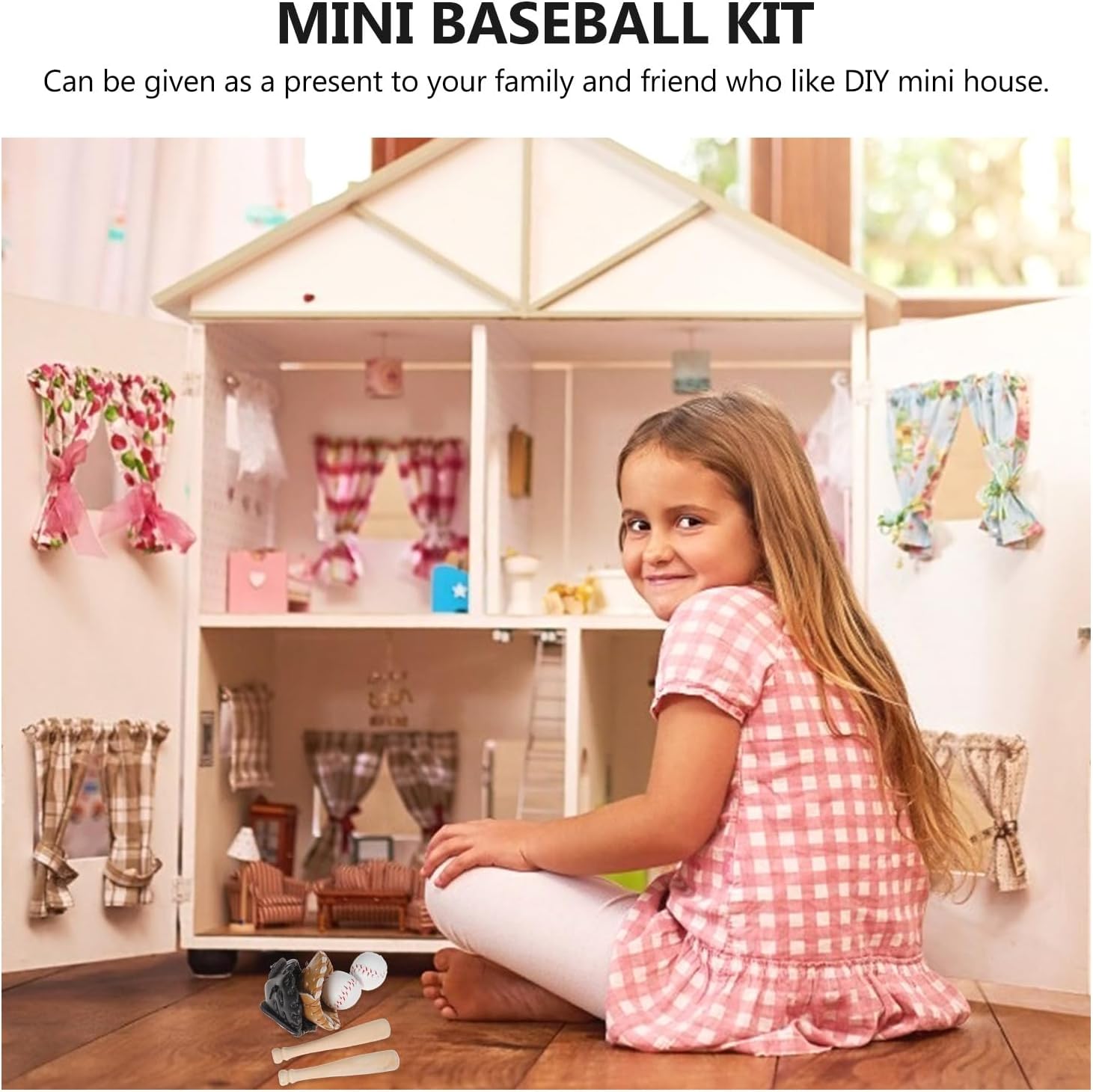 2 Pack Mini Baseball Set Dollhouse Sports Bat and Glove DIY Game Accessories - White Wooden Unisex 1:12 Scale Sport Miniature Toy