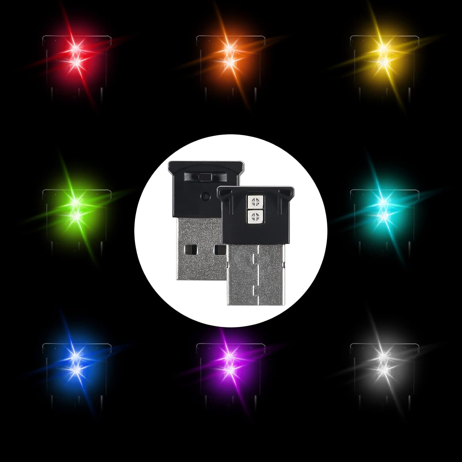 2 Pack Mini USB LED Lights - Adjustable 8 Color & Brightness Night Light for Car, Laptop, Keyboard, Home, Office - RGB Interior Lighting Atmosphere Lamp