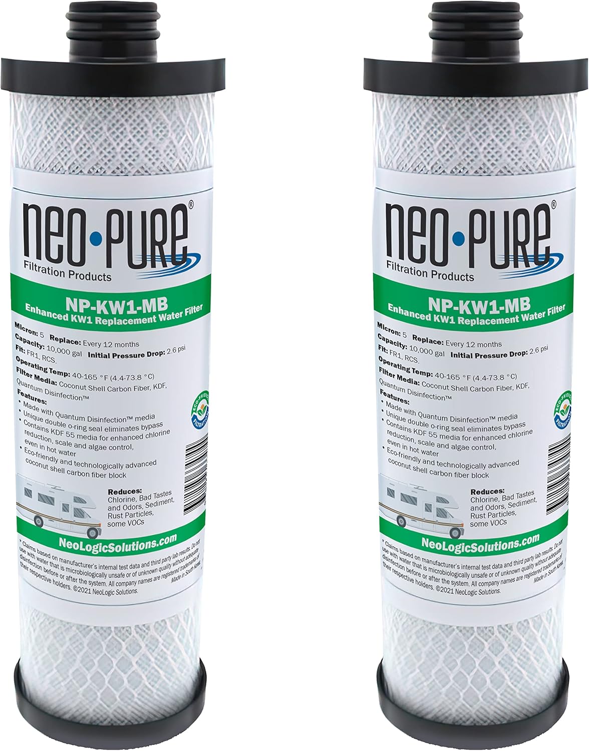 2-Pack Neo-Pure NP-KW1-MB MAX Filter Replacement for WaterPur™ KW1 RV Water Filter - Enhanced with Quantum Water Purification KDF 55 Media and Coconut Shell Carbon Fiber