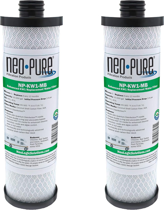 2-Pack Neo-Pure NP-KW1-MB MAX Filter Replacement for WaterPur™ KW1 RV Water Filter - Enhanced with Quantum Water Purification KDF 55 Media and Coconut Shell Carbon Fiber
