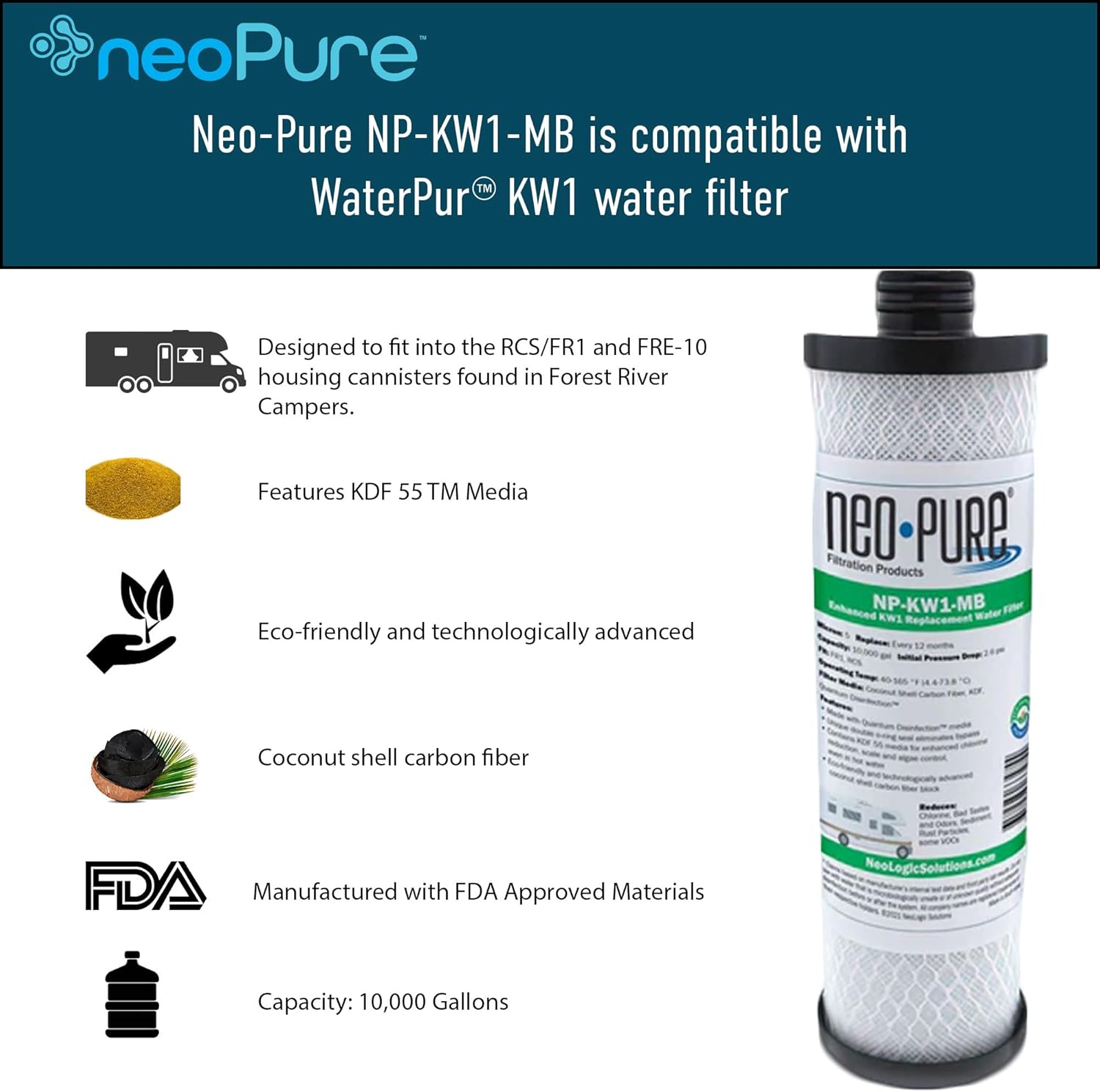 2-Pack Neo-Pure NP-KW1-MB MAX Filter Replacement for WaterPur™ KW1 RV Water Filter - Enhanced with Quantum Water Purification KDF 55 Media and Coconut Shell Carbon Fiber