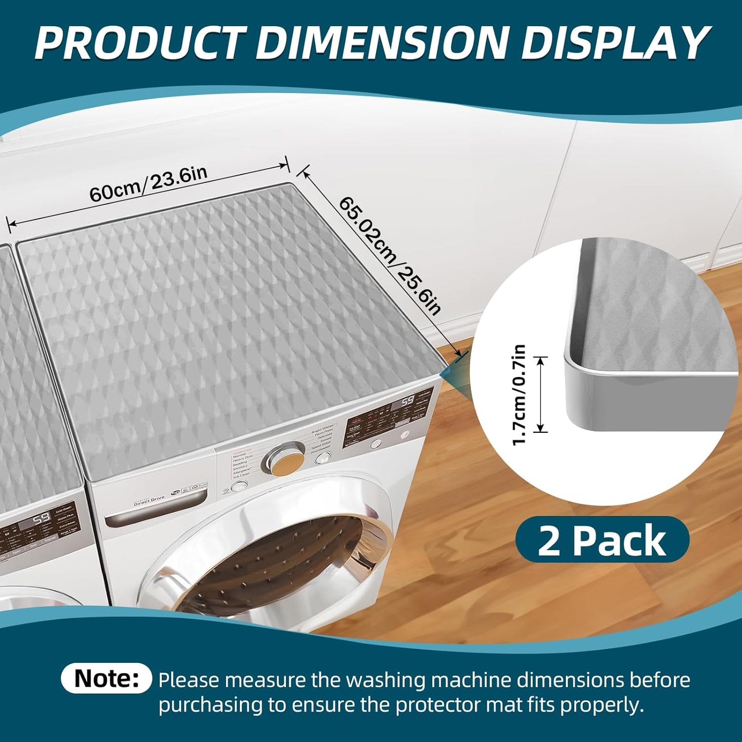 2 Pack Non-Slip Waterproof Washer and Dryer Top Covers, 23.6''x 25.6'' Silicone Rubber Mat for Laundry Room, Home Kitchen Washer Dryer Protector