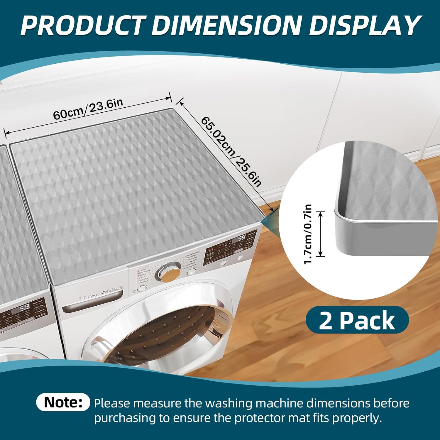 2 Pack Non-Slip Waterproof Washer and Dryer Top Covers, 23.6''x 25.6'' Silicone Rubber Mat for Laundry Room, Home Kitchen Washer Dryer Protector