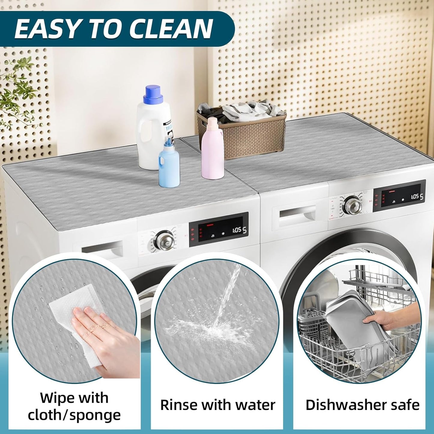 2 Pack Non-Slip Waterproof Washer and Dryer Top Covers, 23.6''x 25.6'' Silicone Rubber Mat for Laundry Room, Home Kitchen Washer Dryer Protector