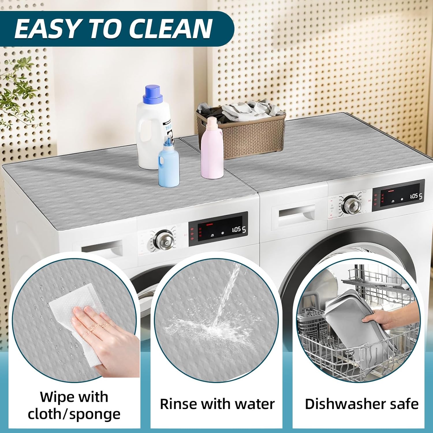 2 Pack Non-Slip Waterproof Washer and Dryer Top Covers, 23.6''x 25.6'' Silicone Rubber Mat for Laundry Room, Home Kitchen Washer Dryer Protector