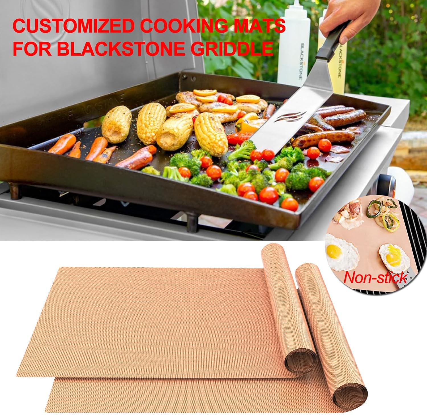 2 Pack Nonstick Copper Grilling Mats for 36 Inch Blackstone Griddle - Reusable Cooking Mats, BPA & PFOA Free - Heavy Duty BBQ Grill Mats - Griddle Accessories Kit - 36 x 17.8 Inch